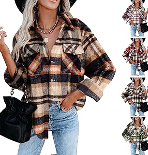 Women Long Sleeve Shirts Button Down Fall Plaid Casual Flannel Shirt Boyfriend Blouse Top Jacket Shackets with Pockets