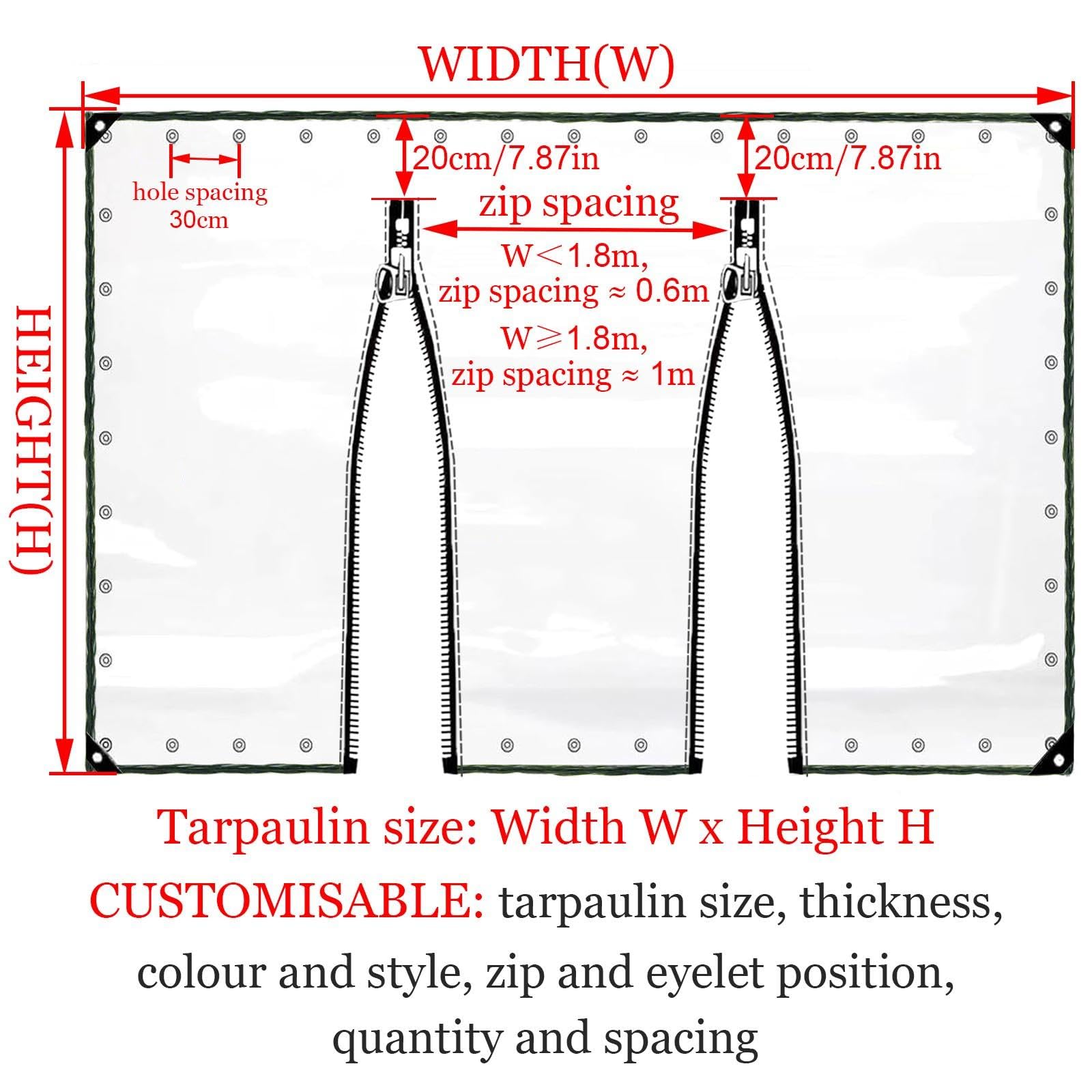 Xrdbfd Outdoor Tarp Curtains, Heavy Duty Transparent Tarpaulin with Zipper Door, Clear PVC Tarpaulin Side Panels for Pergola Gazebo Garden, Waterproof Tarpaulin with Eyelets,WxH-5x3.3m/16.4 * 10.8ft