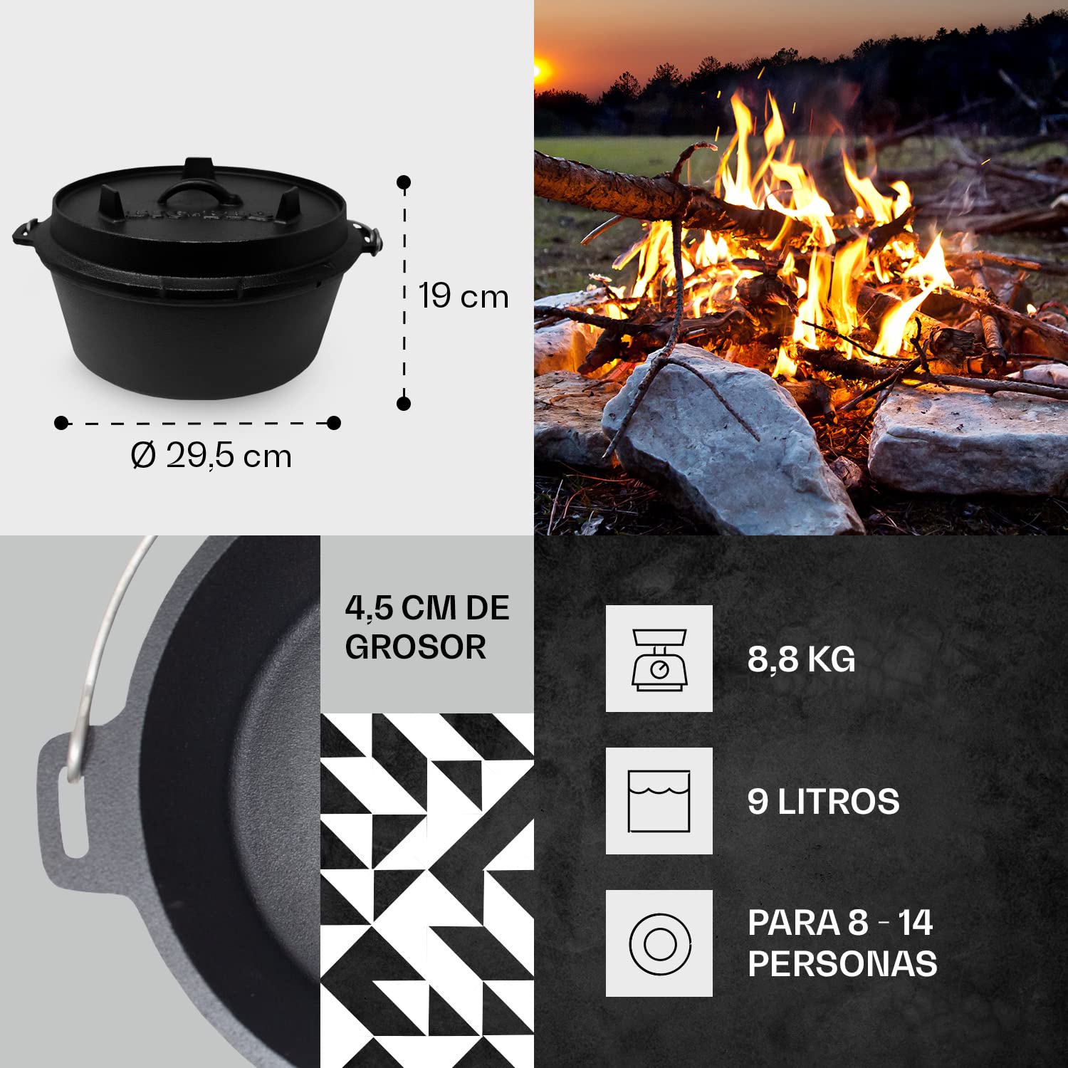 Big-BBQ - Cacerola de acero fundido, hierro fundido, negro, 12er - 9.0qt