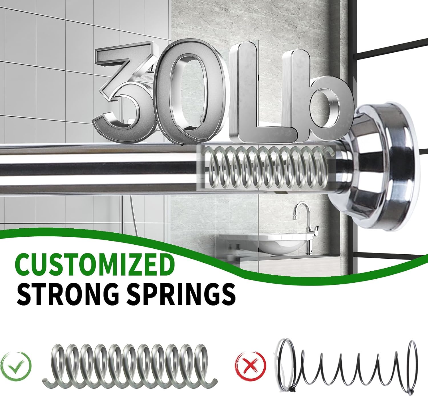 Silver Shower Curtain Rod, 33-78inch Adjustable Tension Shower Curtain Rod, Stainless Steel No Drilling No Rust Non-Slip For Bathroom