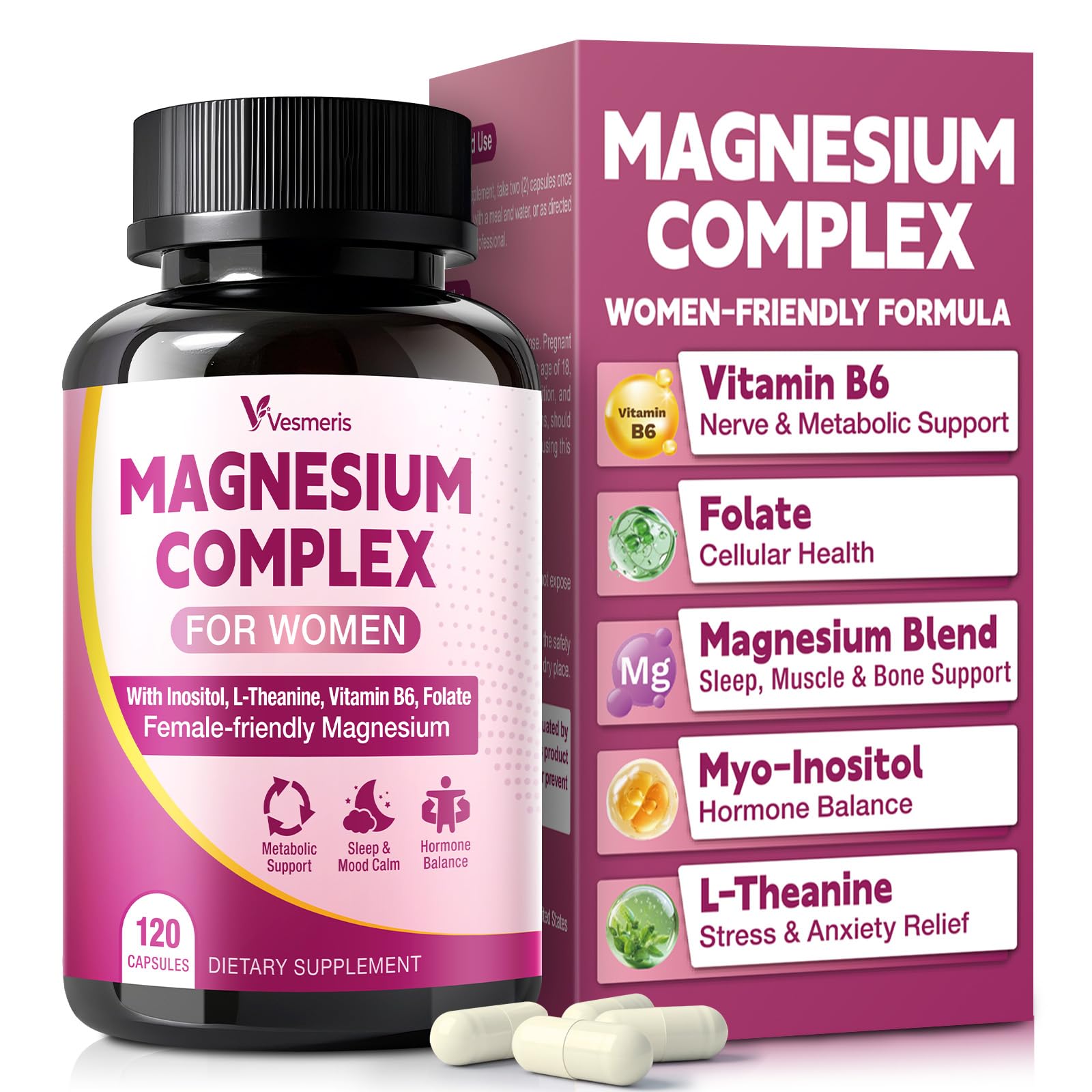 Magnesium Complex for Women, 10 in 1 Magnesium Glycinate, Citrate, Malate & More + Vitamin B6, Myo-Inositol, L-Theanine & Folate – Sleep, Heart & Muscle Support, Vegan 120 Capsules
