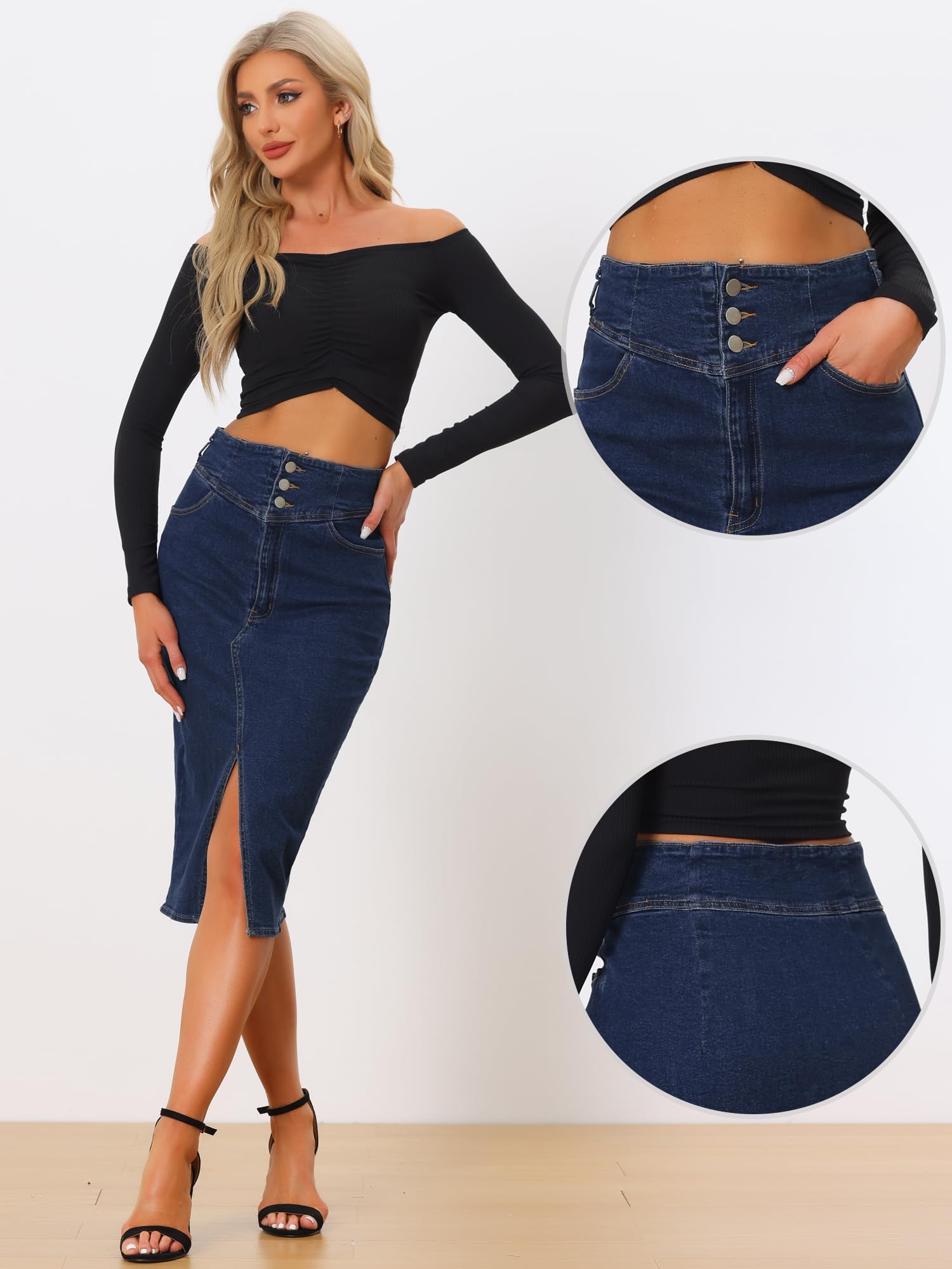 Allegra K Jupe en Jean Stretch Femme Vintage Taille Haute Ourlet Fendu Jupe Midi Denim Crayon