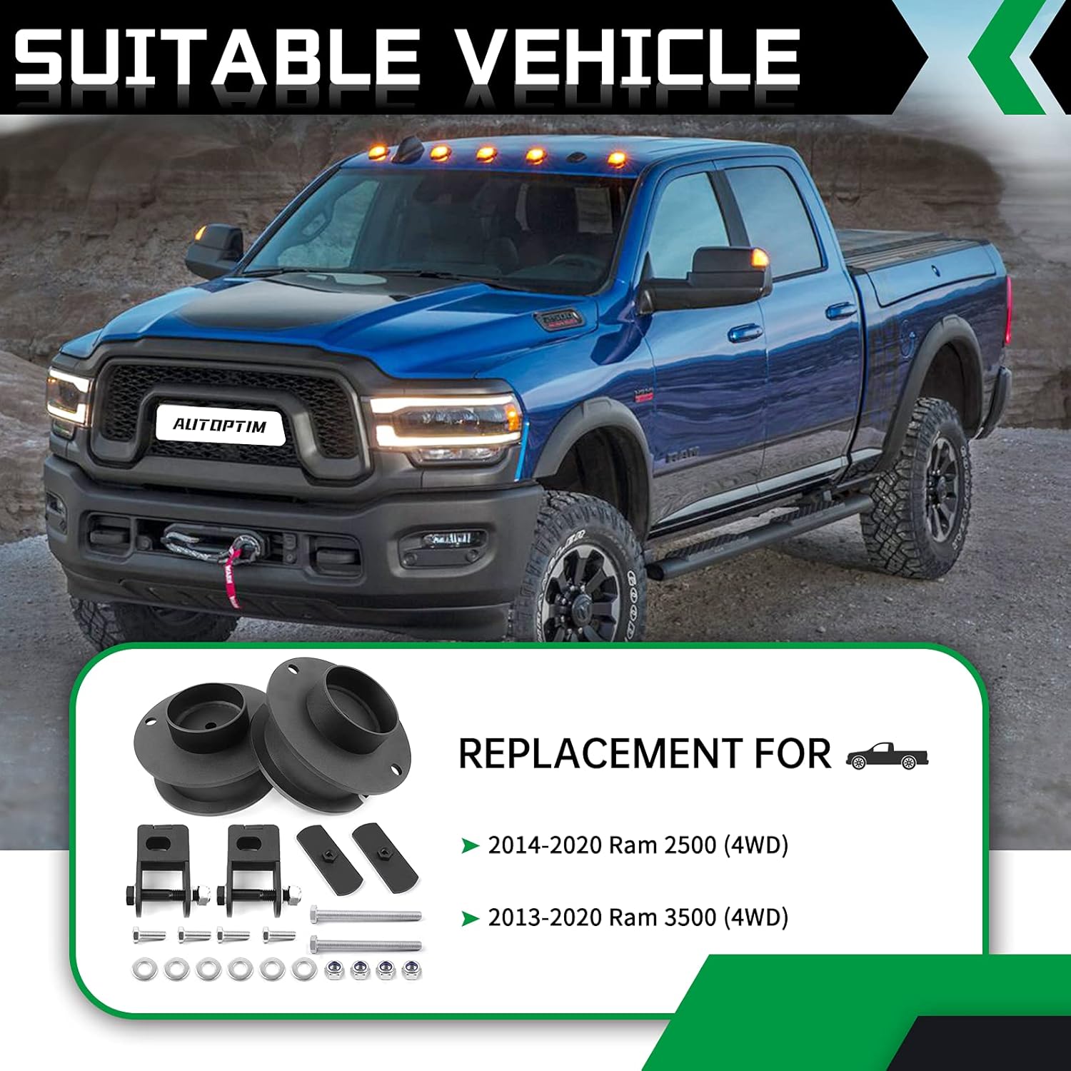 AUTOPTIM 2.5 inch Front Leveling Lift Kit - Replacement for 2014-2024 Ram 2500 3500 4WD, High-Strength Steel Spring Spacers with Shock Mounts Relocation Brackets