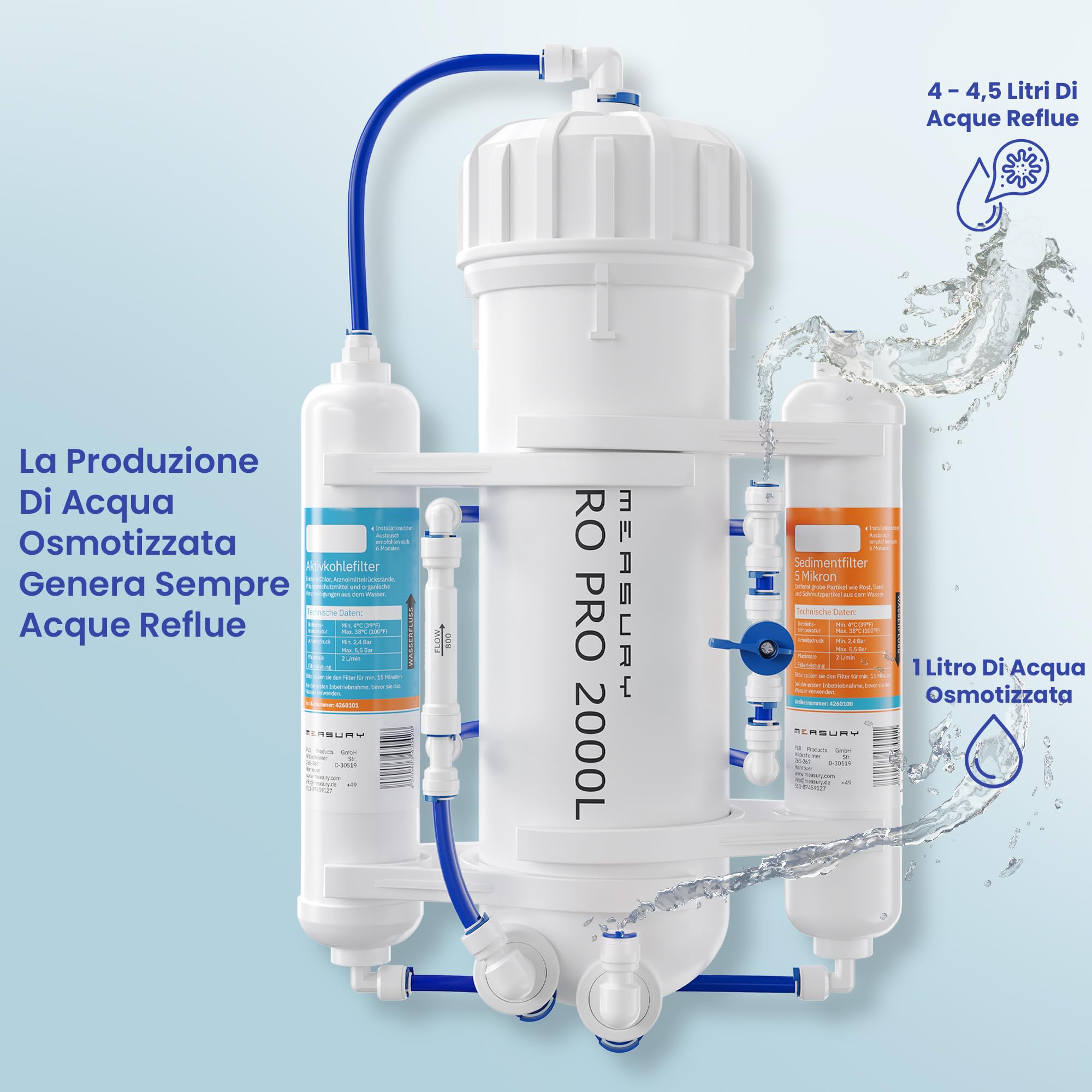 Measury Impianto Osmosi Inversa Acquario 600G 2000L / giorno Acqua Osmotica | per Acquario - Rimuove Sali Metalli Nitrati Fosfati Pesticidi Virus Batteri