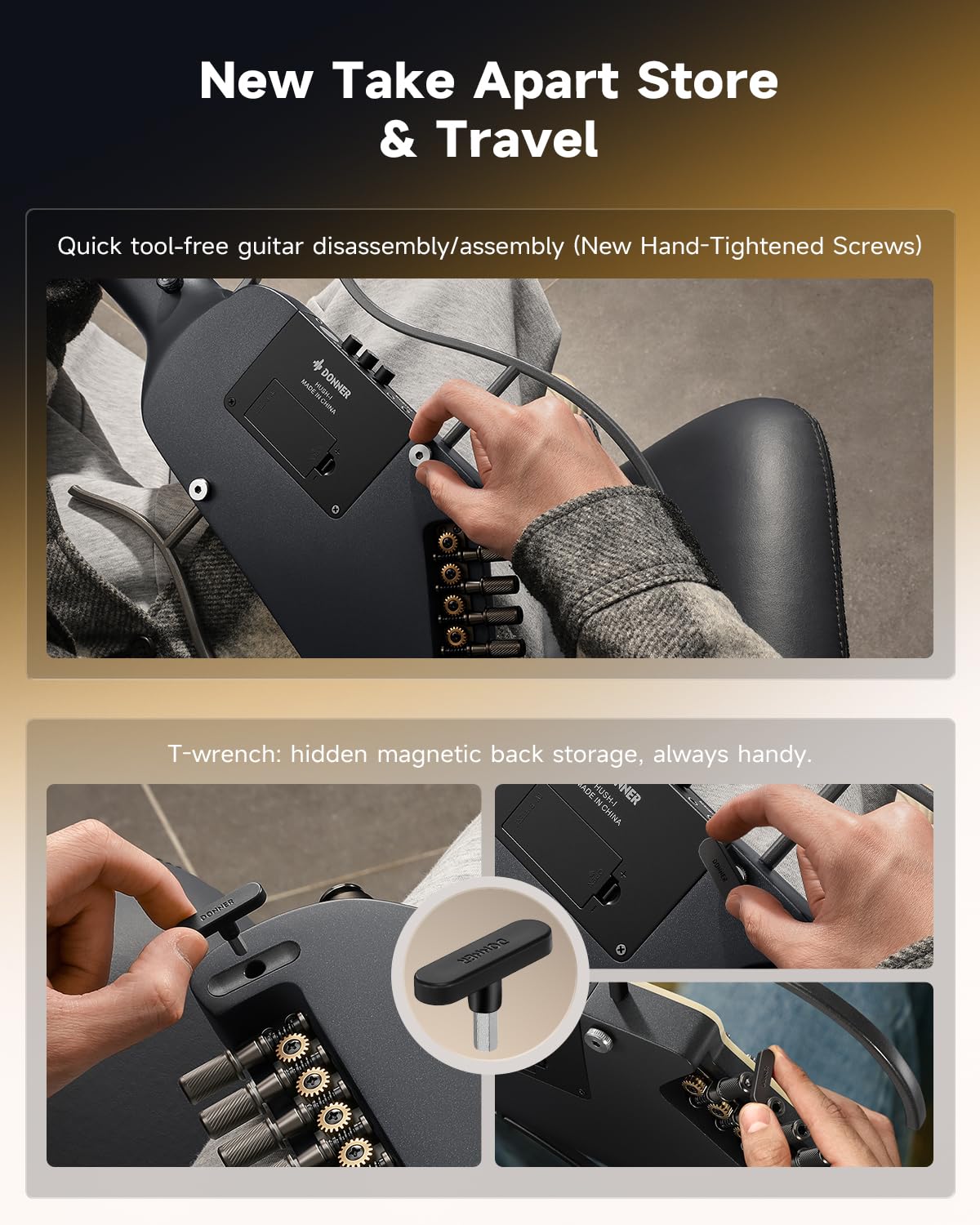 Donner HUSH I EVO2 Chitarra Acustica-Elettrica da Viaggio, Ultra-Leggera, Senza Paletta, con Accordatore Integrato, Supporti Rimovibili e Uscita Cuffie – Nero
