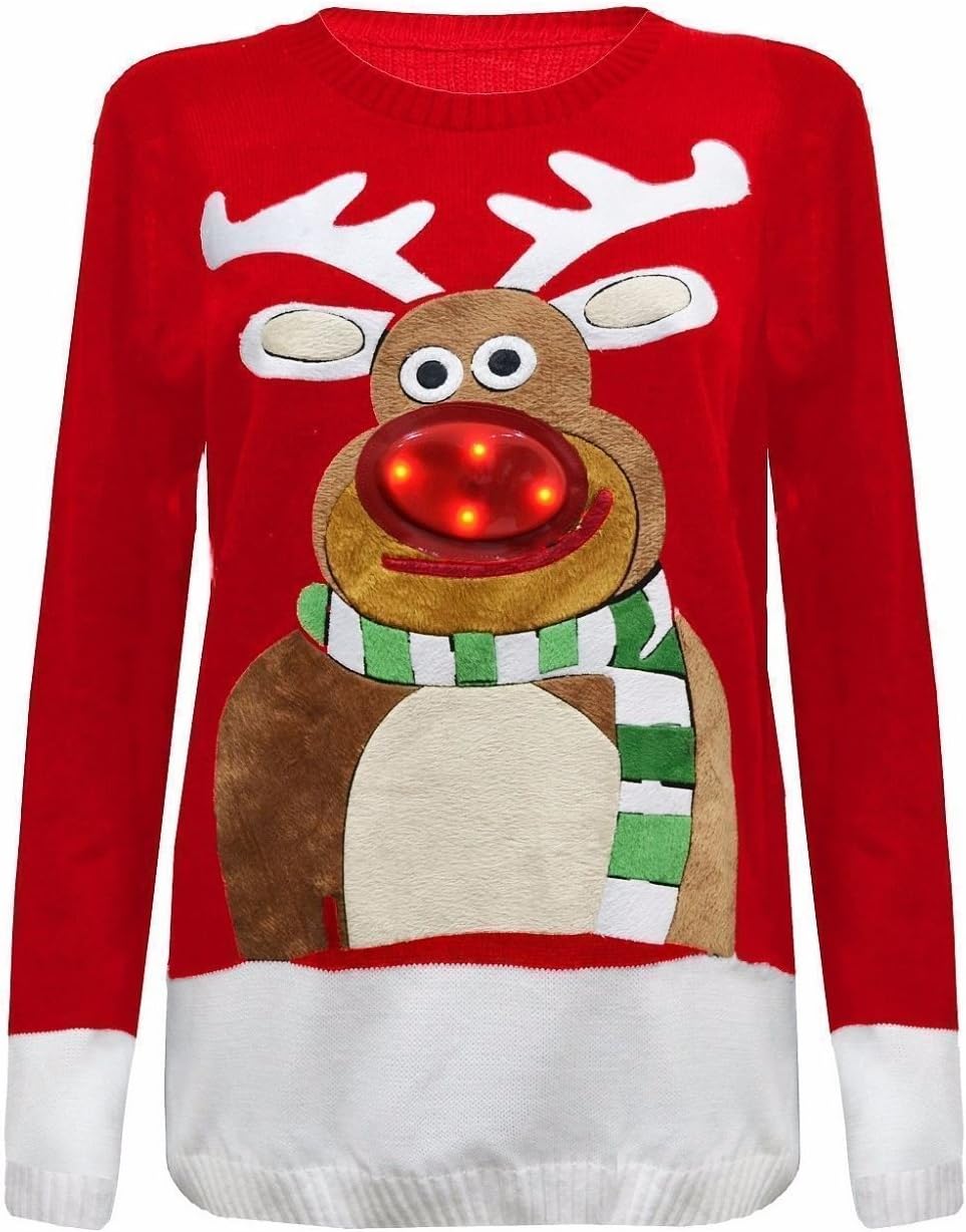 Women's Ladies 3D Christmas Tree Jumper & Rudolph Nose Jumper Led Flashing Light (Red Rudolph, UK M/L (12-14))