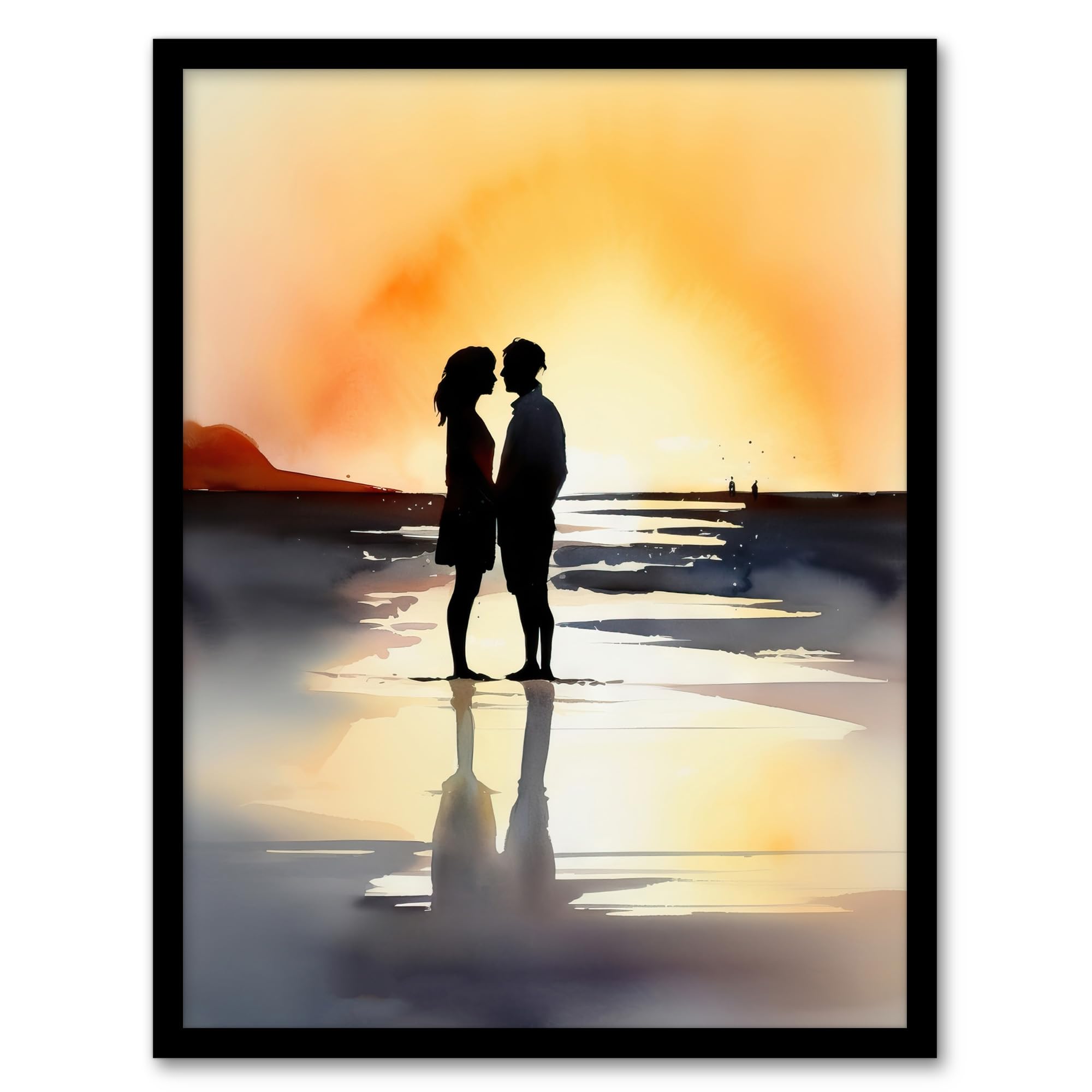 Artery8 Kisses At Dawn Watercolour Painting Couple Kissing At Dawn Orange Grey Romantic Moment Between Lovers At A Coastal Landscape Bedroom Art Artwork Framed Wall Art Print A4