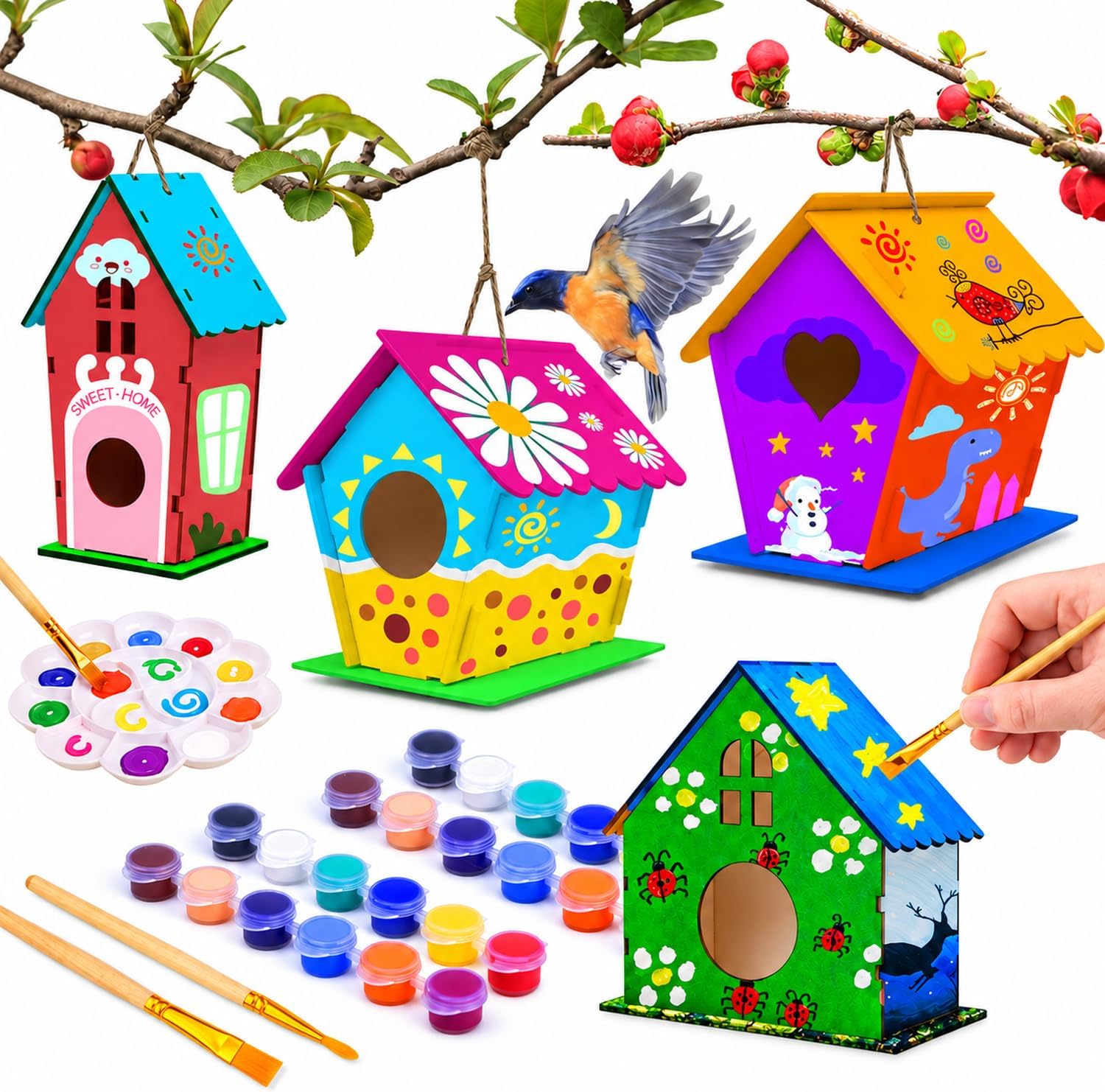 hapray 4 Pack Birdhouse Paint Kit - Wooden Craft for Kids