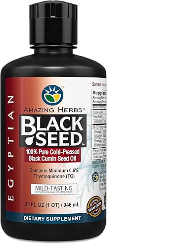 Amazing Herbs Aceite de semilla negra egipcia, sin gluten, sin OMG, prensado en frío, Nigella sativa ayuda a la salud digestiva, apoyo inmunológico,