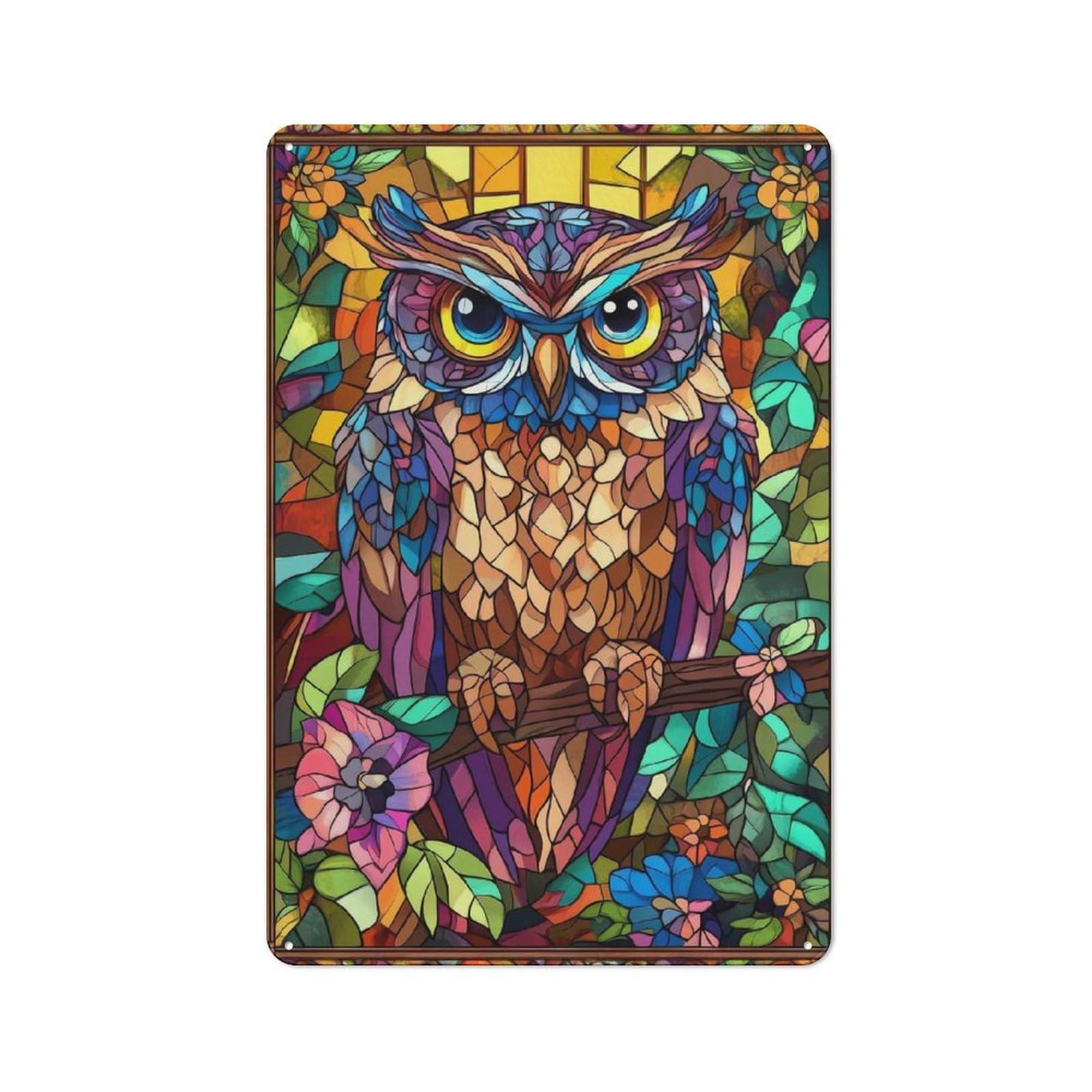 Junmoney Stained Glass Owl Metal Wall Sign 30X20cm Featuring For Bar Or Restaurant, For Vintage Wall Decor Fans, For Themed Room Decoration