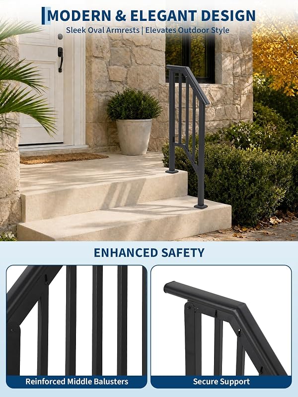 Handrails for Outdoor Steps, Adjustable Stair Handrail Kit Fit 1 to 2 Steps Outdoor Stair Railing, Transitional Wrought Iron Handrails with Balusters for Concrete/Porch/Deck/Wooden Steps,Black by Garvee - Used condition - Image 5