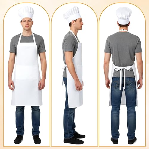 Miniatura 3 de Sombrero de chef blanco y delantal para hombres y mujeres, disfraz de chef con 2 bolsillos, disfraz de chef para adultos para cocina