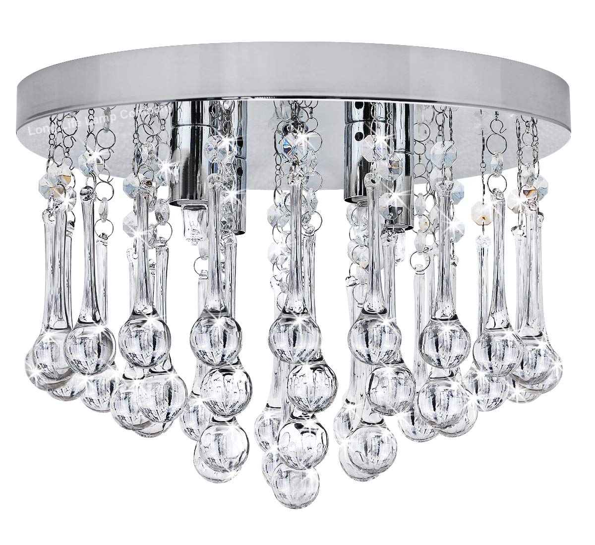 Long Life Lamp Company White/Silver Chandelier Ceiling Light Round Modern Flush Mount Crystal Droplets Chrome Base M0114f With 4 Led Bulbs