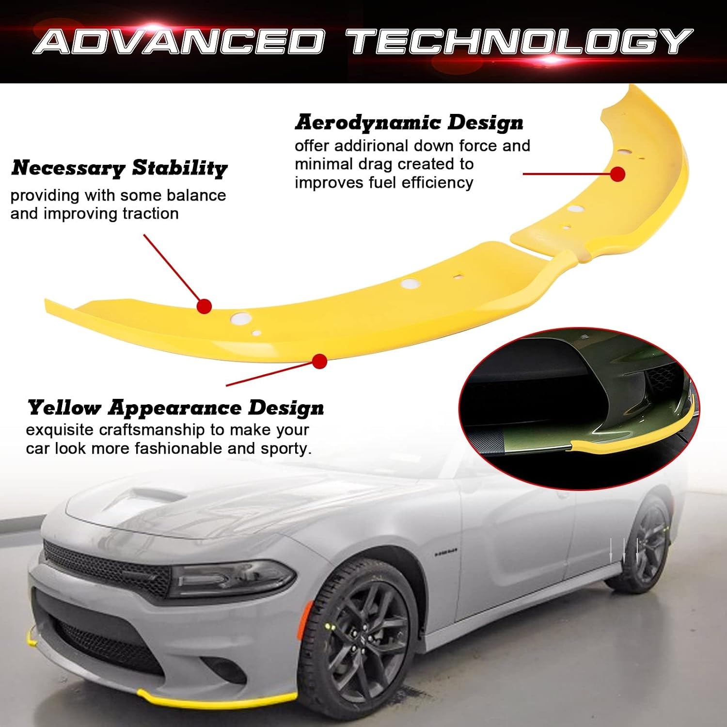 x xotic tech 2PCS Front Splitter Spoilers Protector Bumper Lip Corner Edge Kit Compatible with Dodge Charger Hellcat/SRT 392/Scat Pack/RT Scat Pack 2015-2024, GT/RT 2019-2024, Yellow