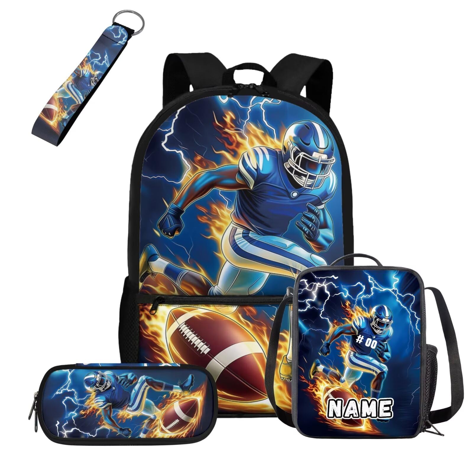 COEQINE Mochila negra para niños de 5 a 10 años con fiambrera, 4 bolsas escolares con llavero portátil, estuche para lápices, mochila para laptop, Football Player Dark Blue Lightning Flame, M
