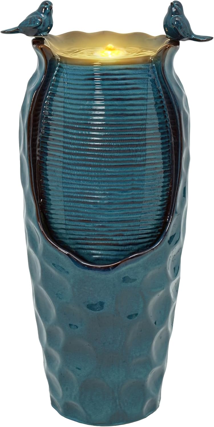 32.5" H Ceramic Jar Outdoor Fountain, Honeycomb Pot Water Feature with LED Lights, Soothing Trickling Waterfall for Garden, Patio, Yard, Balcony or Porch Oasis, Turquoise Glaze, KD Vivid Birds