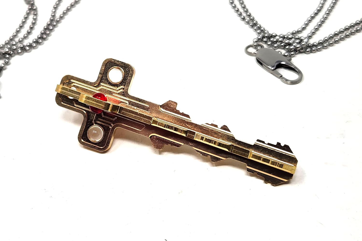 Cruciform Key Replica Necklace, 3.25 inch Brass Key with Red Glass Cabochons, 30 inch Steel Chain