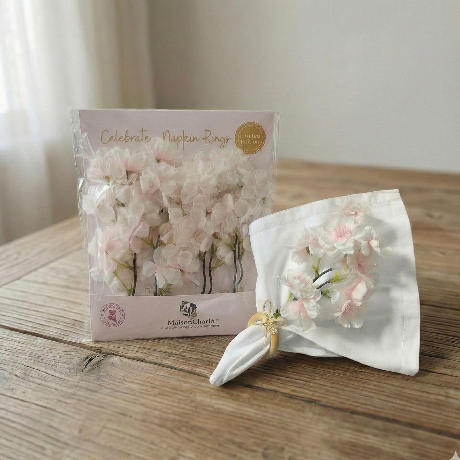 Maison Charlo Cherry Blossom Napkin Rings, Set of 4, Handmade Floral Napkin Ring Holders with Natural Wood Ring, Elegant Table Decor for Spring, Wedding, Dining & Special Occasions