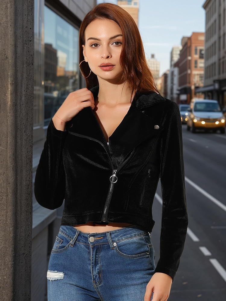 Amazon.com: Allegra K Women's Velvet Moto Jacket Cropped Blazer