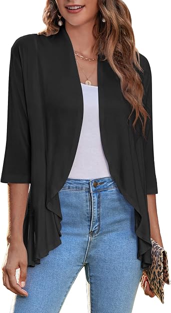 Zeagoo Womens Open Front Cardigan 2026 Spring Summer Lightweight 3/4 Sleeve Draped Ruffles Cardigans S-3XL