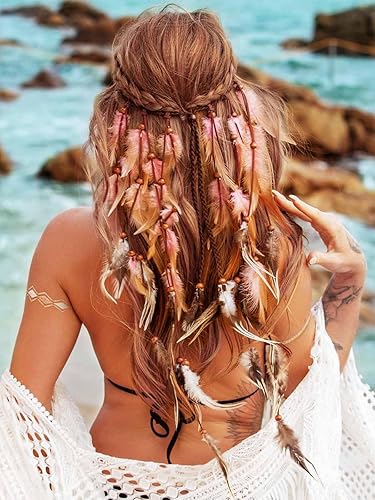 Diadema de plumas estilo bohemio para festival gitano, accesorios para el cabello largo con cuentas hippie para mujer (patrón 2)