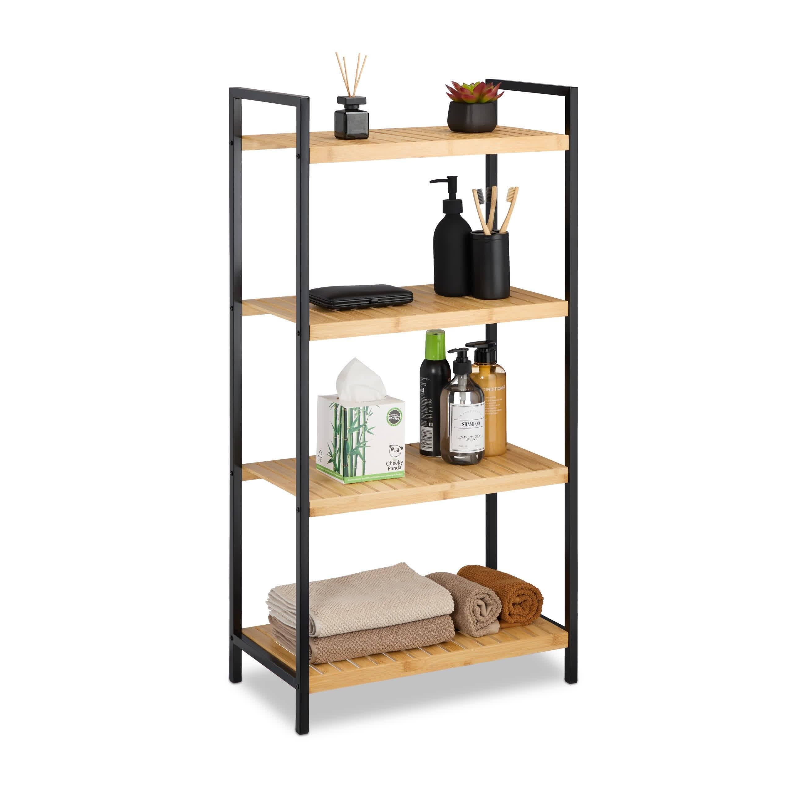 Relaxdays Universal Bamboo Storage Shelf, Bathroom and Kitchen Rack, 4-Tiers, Metal Frame, HxWxD: 97 x 50.5 x 27 cm, Natural