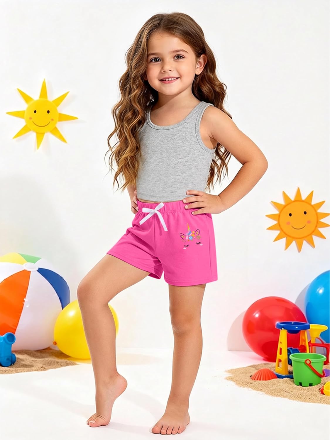 Poroka 4パック 幼児 ガールズ カジュアルショーツセット ユニコーン カートゥーン プリント アスレチック イルカ ショーツ