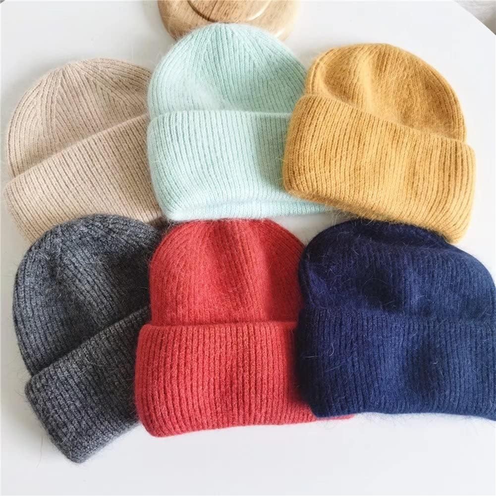 Knit Beanie Hat Real Angora Rabbit Fur Slouchy Skull Cap for Women Men Winter Warm Stocking Hats