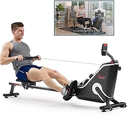 Sunny Health & Fitness Smart Flippable Magnetic Rower, 50 Inches Quiet & Smooth Stainless Steel Slide Rail, Full-Body Low-Impact Exercise Rowing Machine For Home, Free SunnyFit Training APP Connection