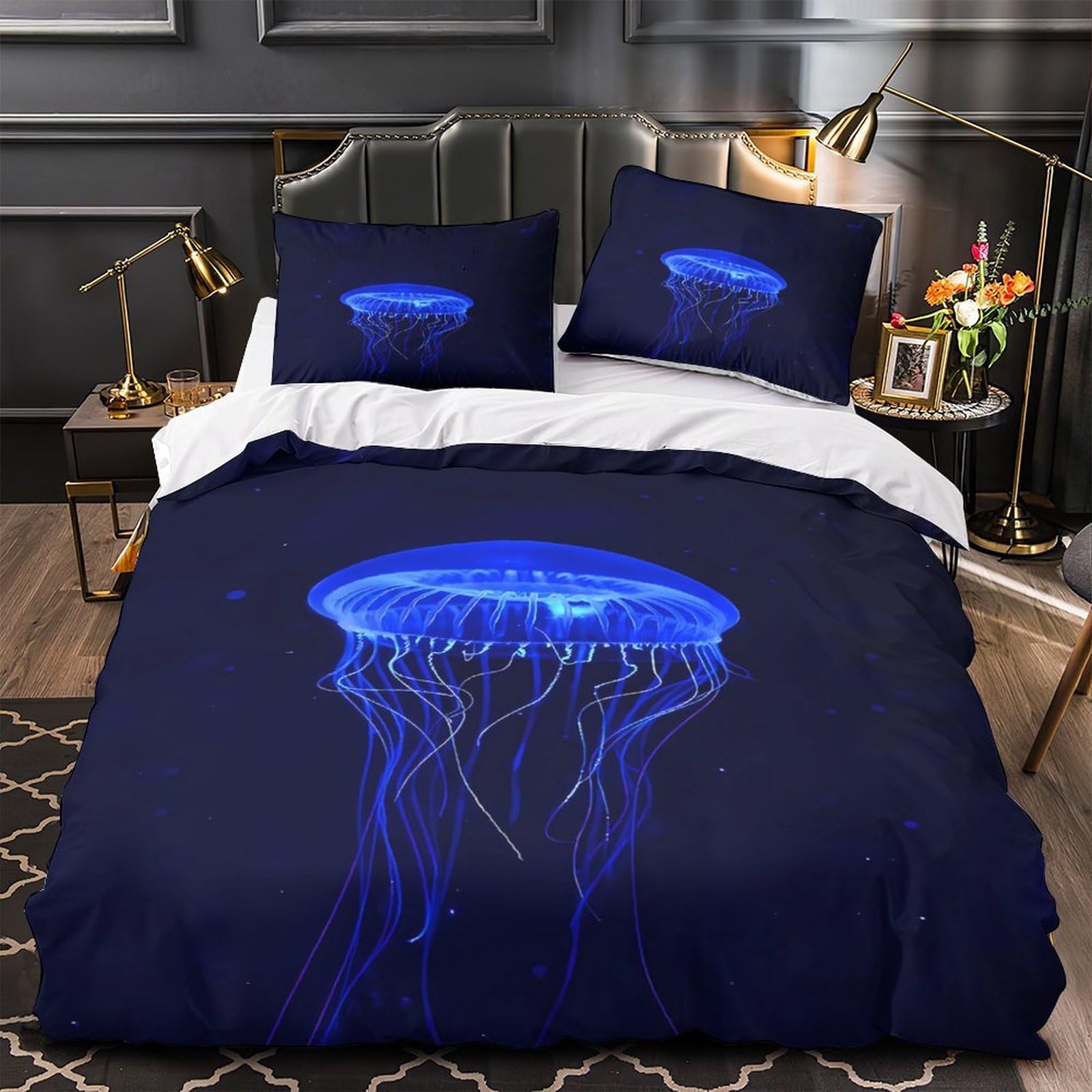 Parure de lit méduse bleue 140x200 fille housse de couette mer imprimé 3D