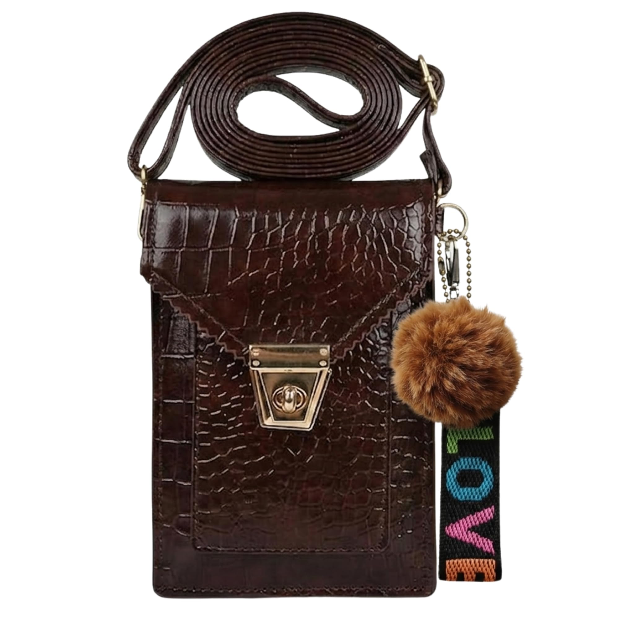 Crocodile Pattern PU Mobile Phone pouch, Cross-body Sling Messenger Bag, Girls Shoulder Travel Shopping Bags, with Bear Charm Keychain, Gift for Her-image-34