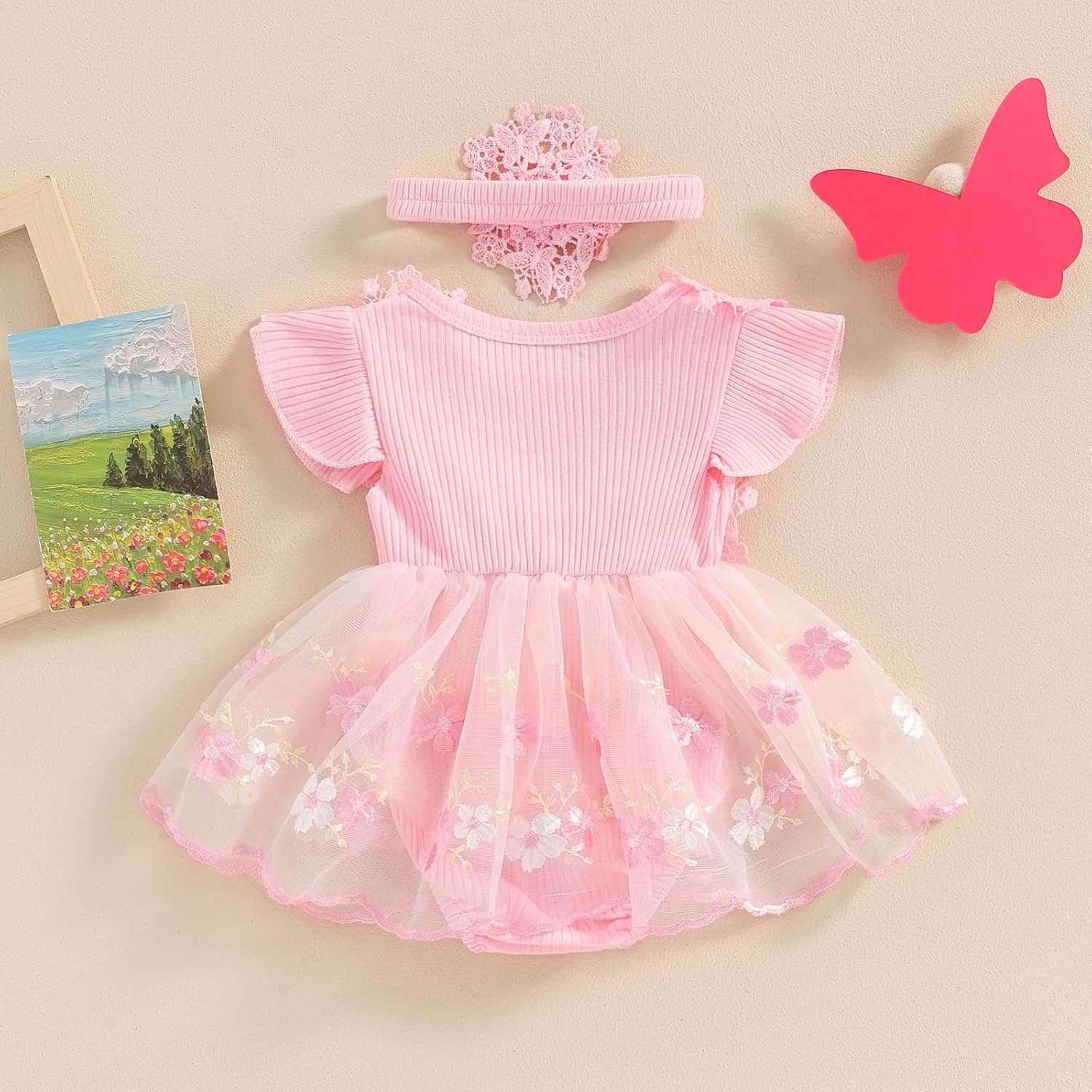 VISGOGO Baby Girl Romper Summer Dress Floral Mesh Infant Jumpsuit Tulle Dress - Image 4