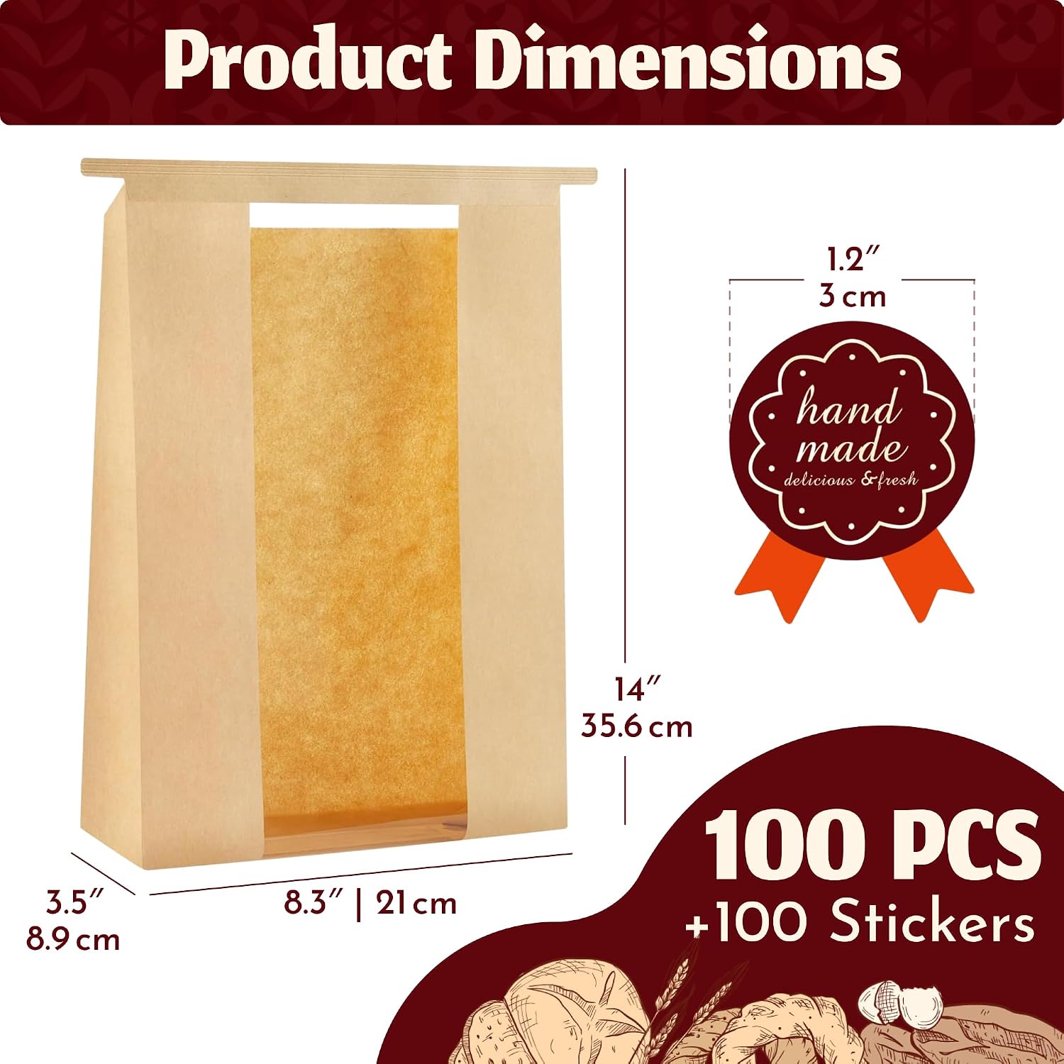 Brown Kraft Paper Bread Bags with Window & Tin Ties (100 Pack + Stickers) - 14x8.3x3.5" Professional Bakery Storage Bags, Wholesale Bread Packaging, Bulk Restaurant Supply Gift Goods