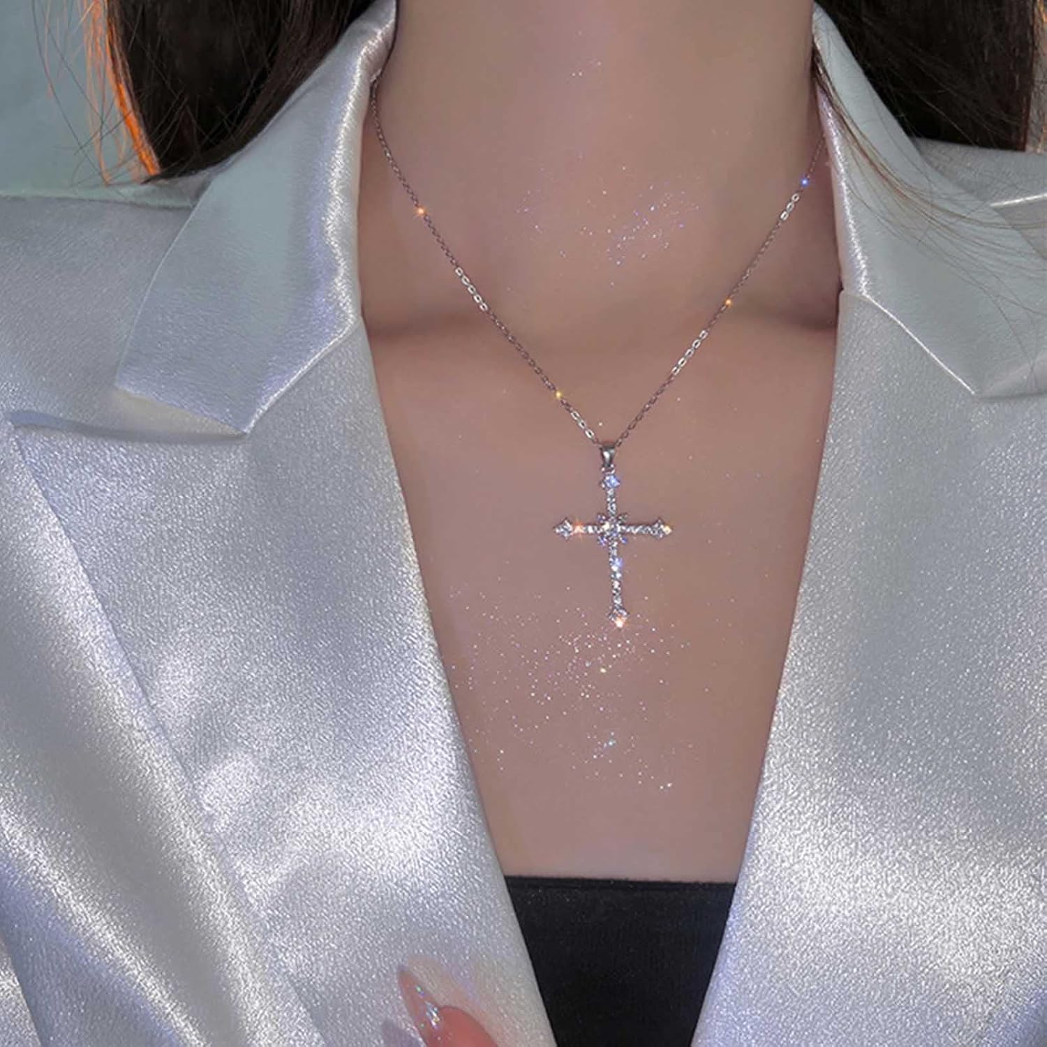 YienDoo Silver Crystal Pray Cross Necklace Choker Chain CZ Stone Star Cross Pendant Necklace Crucifix Pendant Star Cross Charm Necklace Jewelry Gift for Women Girls