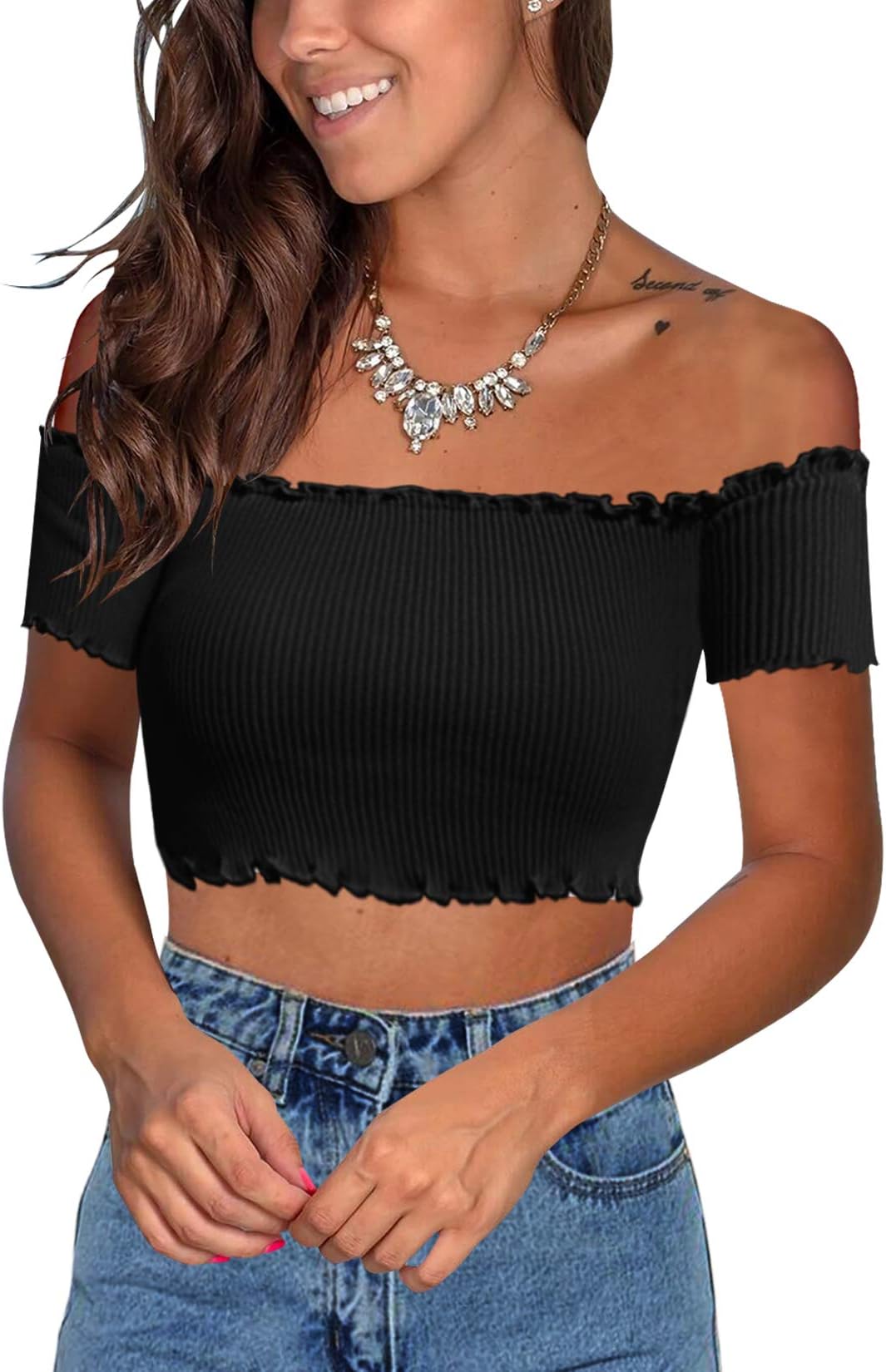 Floral Find Women's Sexy Off Shoulder Crop Tops Strapless Ruffle Casual Slim Tees (Medium, Black)