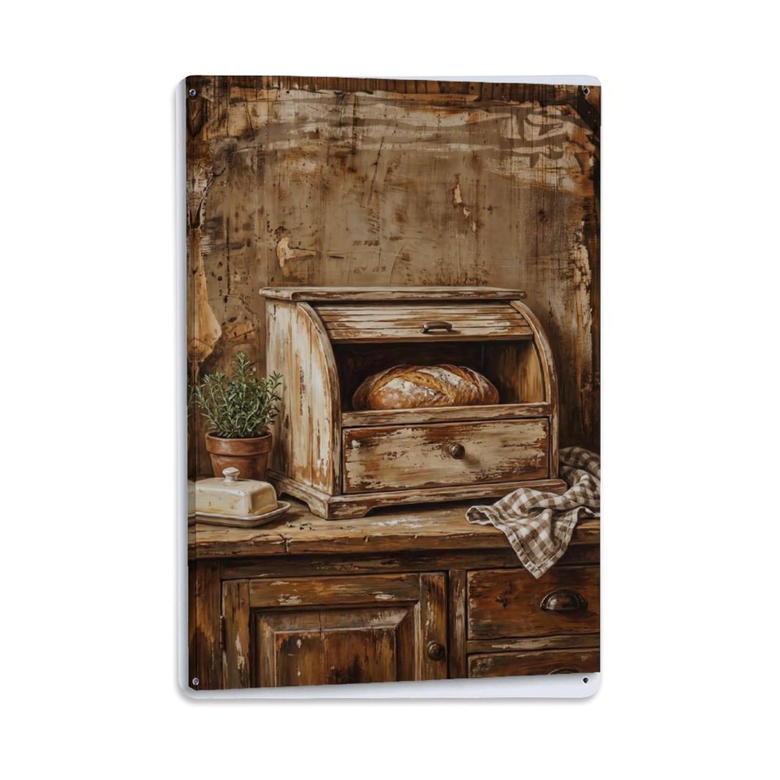 Country Kitchen Bread Box Storage Countryside Home Vintage Metal Tin Sign Plaque Wall Decor for Cafe, Club, Garden Metal Poster 8x12Inch