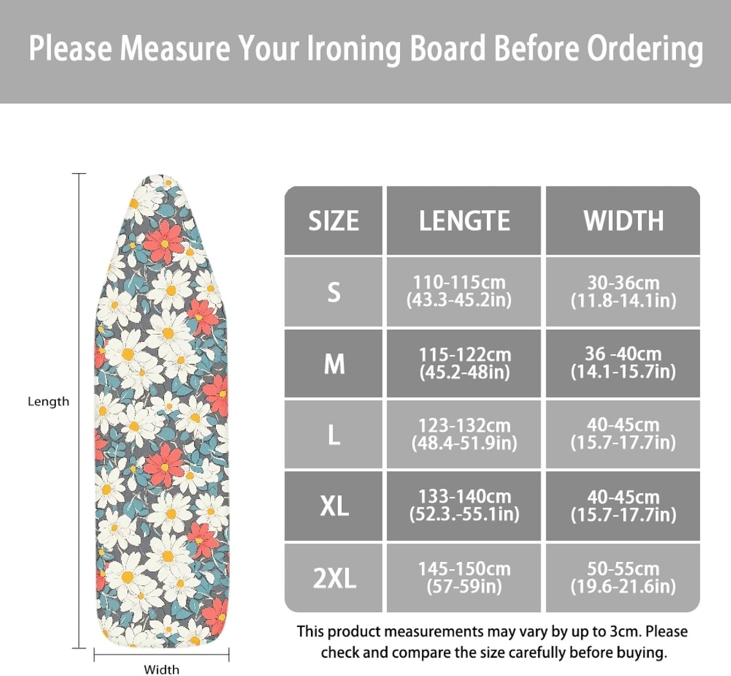 Padded Ironing Board Covers 18 X 49 White Red Flowers Ironing Board Pad and Cover Thick Replacement Drawstring Tightening & Lock, Easy Fit, Scorch & Stain Resistant, Non Slip