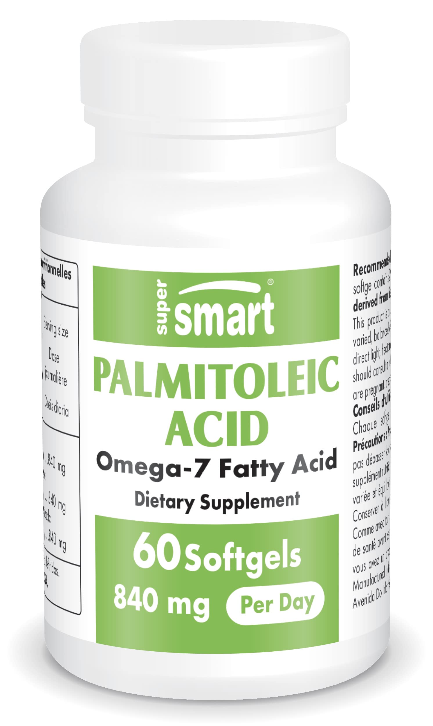 Ácido palmitoleico, 840 mg al día - Protege el corazón - SuperSmart | Omega 7 patentado (Provinal®) - Aceite de pescado - Suplemento para la piel - Favorece los niveles de colesterol
