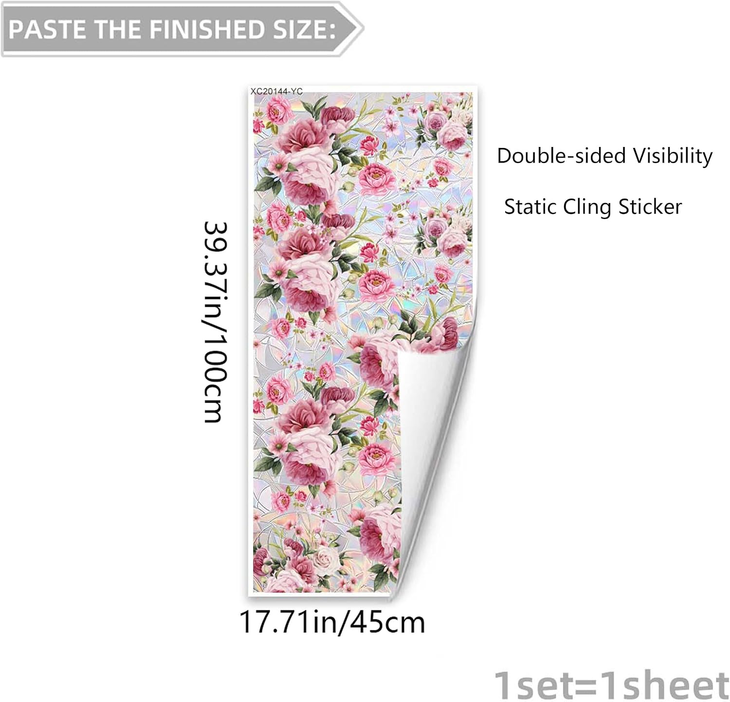 Home Floral Window Privacy Film, 3D Stained Glass Window Clings Decorative, Static Cling Double-Sided Removable Flower Window Stickers for Bathroom Home Office, 17.7'' x 39.4'' (Pink)