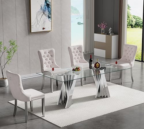 Miniatura 14 de SSLine Moderno juego de mesa de comedor de cristal de 7 piezas para 6 mesas de cocina y sillas de cristal dorado de lujo para 6 elegantes mesas de