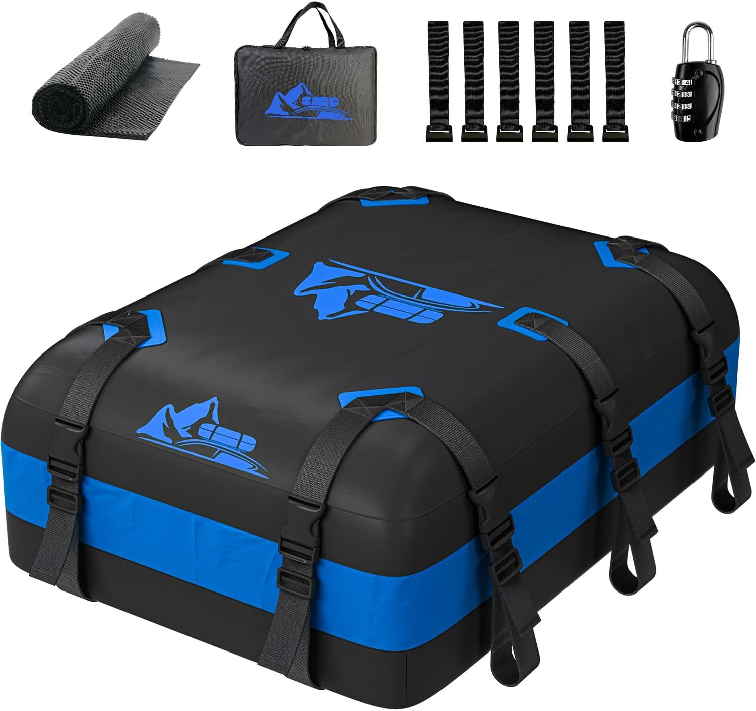 BATSUVCER Car Rooftop Cargo Carrier Bag 20 Cubic Feet, 100% Waterproof Heavy Duty Car Roof Bag for All Vehicle with/Without Racks - Anti-Slip Mat, 6 Door Hooks, Storage Bags, 5CM Straps(Blue)