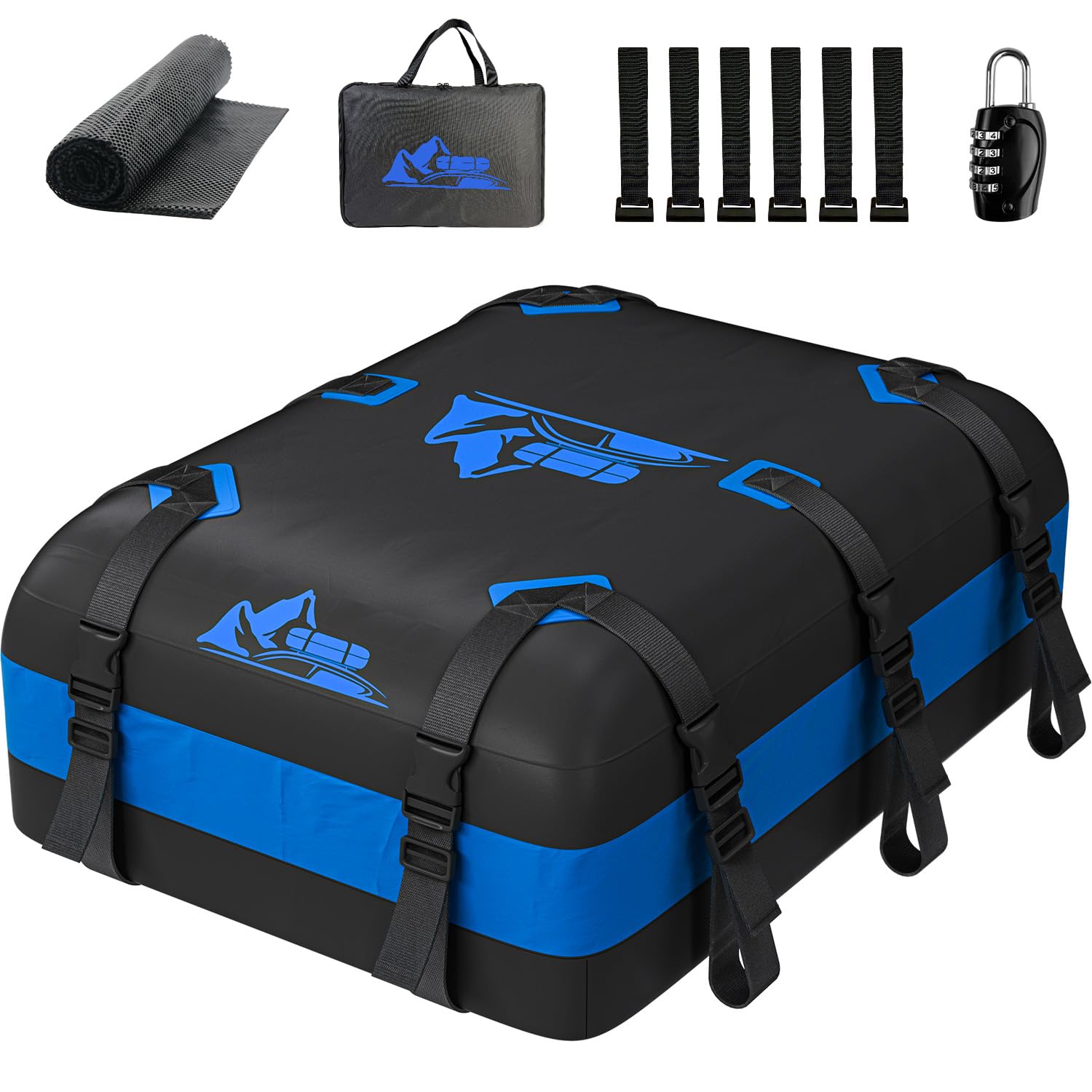 Car Rooftop Cargo Carrier Bag 20 Cubic Feet, 100% Waterproof Heavy Duty Car Roof Bag for All Vehicle with/Without Racks - Anti-Slip Mat, 6 Door Hooks, Storage Bags, 5CM Straps(Blue)