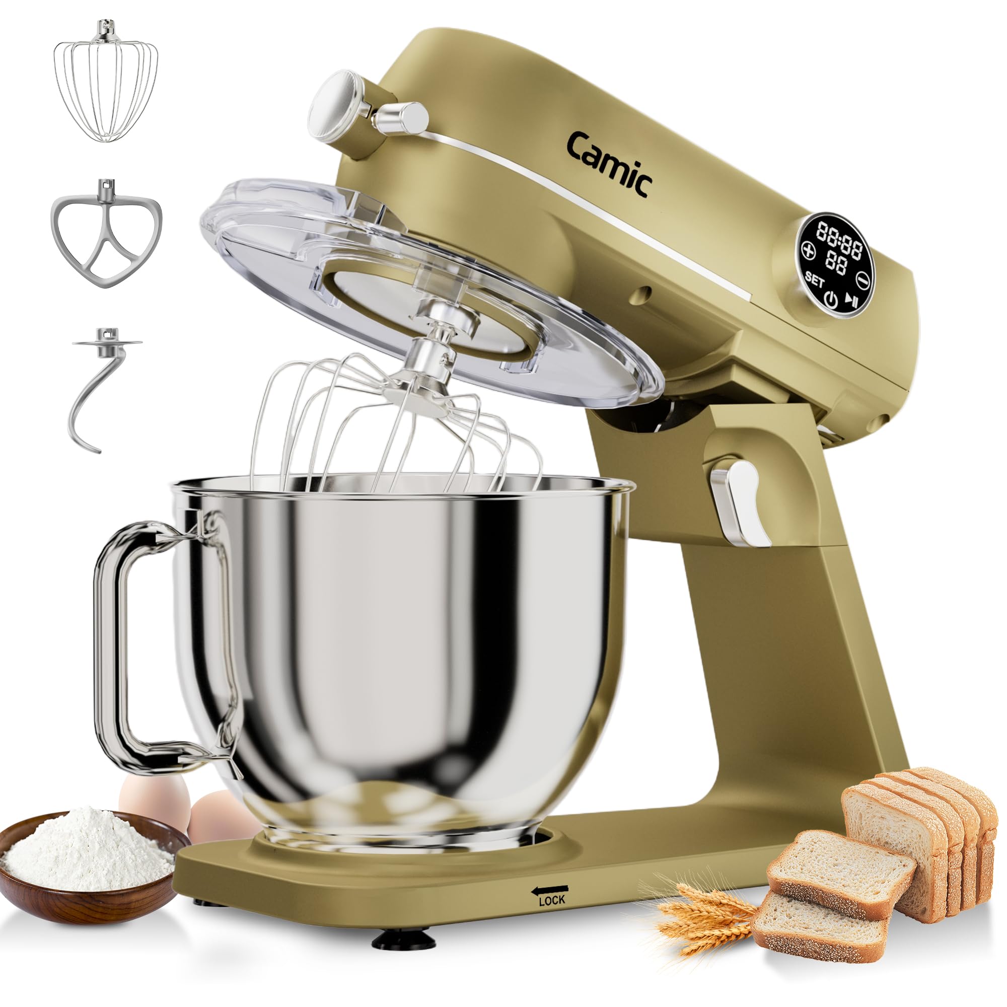 Camic Küchenmaschine 1800W, 8L Knetmaschine aus Vollmetall mit 10 Stufen, digitaler Touchscreen, Timer, Teigmaschine mit Schneebesen, Knethaken und Rührbesen zum Backen von Kuchen, Keksen und Brot