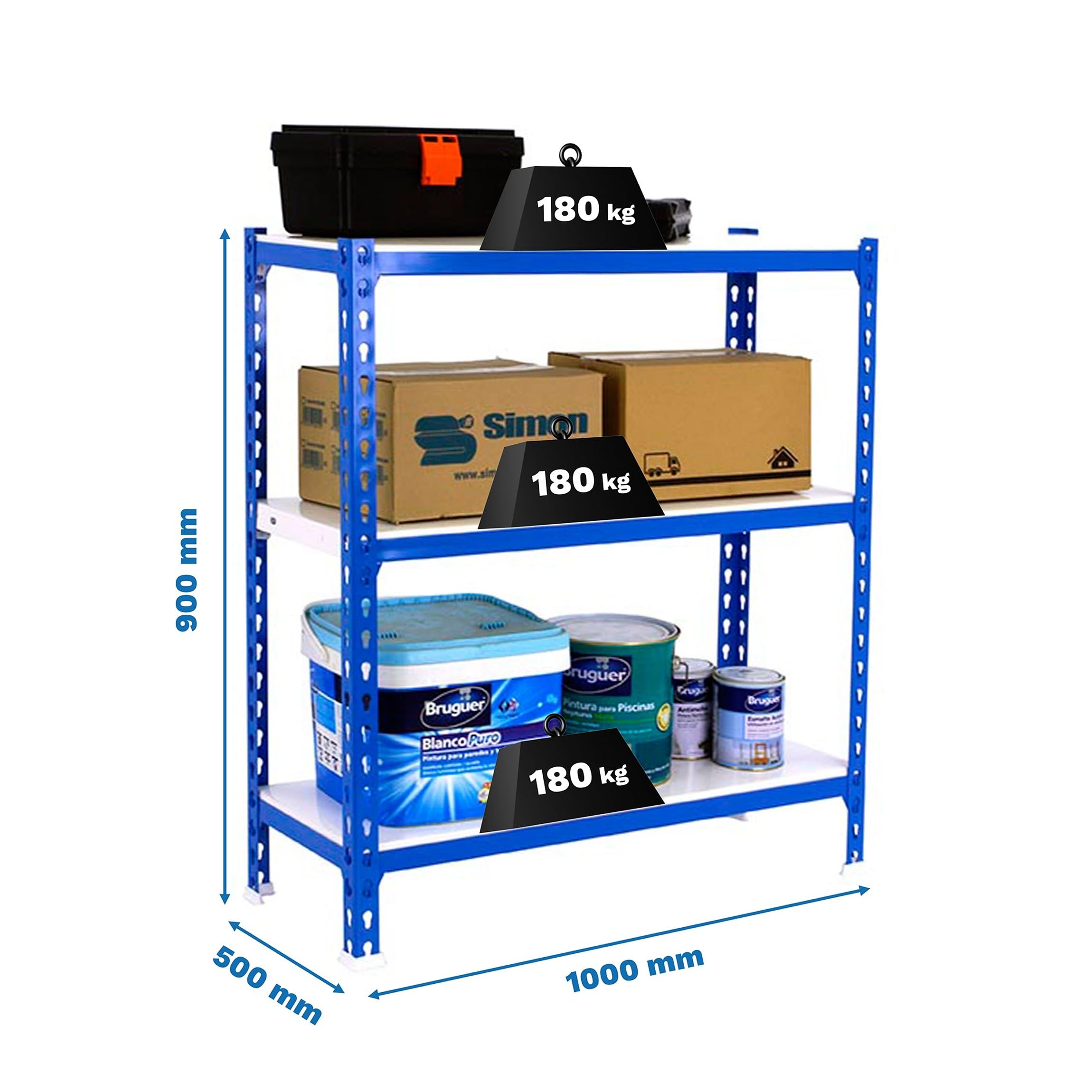 Simon Rack Étagère Rangement à 3 Niveaux, 180 kg Capacité de Charge et Point de Flexion, 900x1000x500 mm, Étagère Charge Lourde, Étagère Garage, Bleu/Blanc - Simonclick