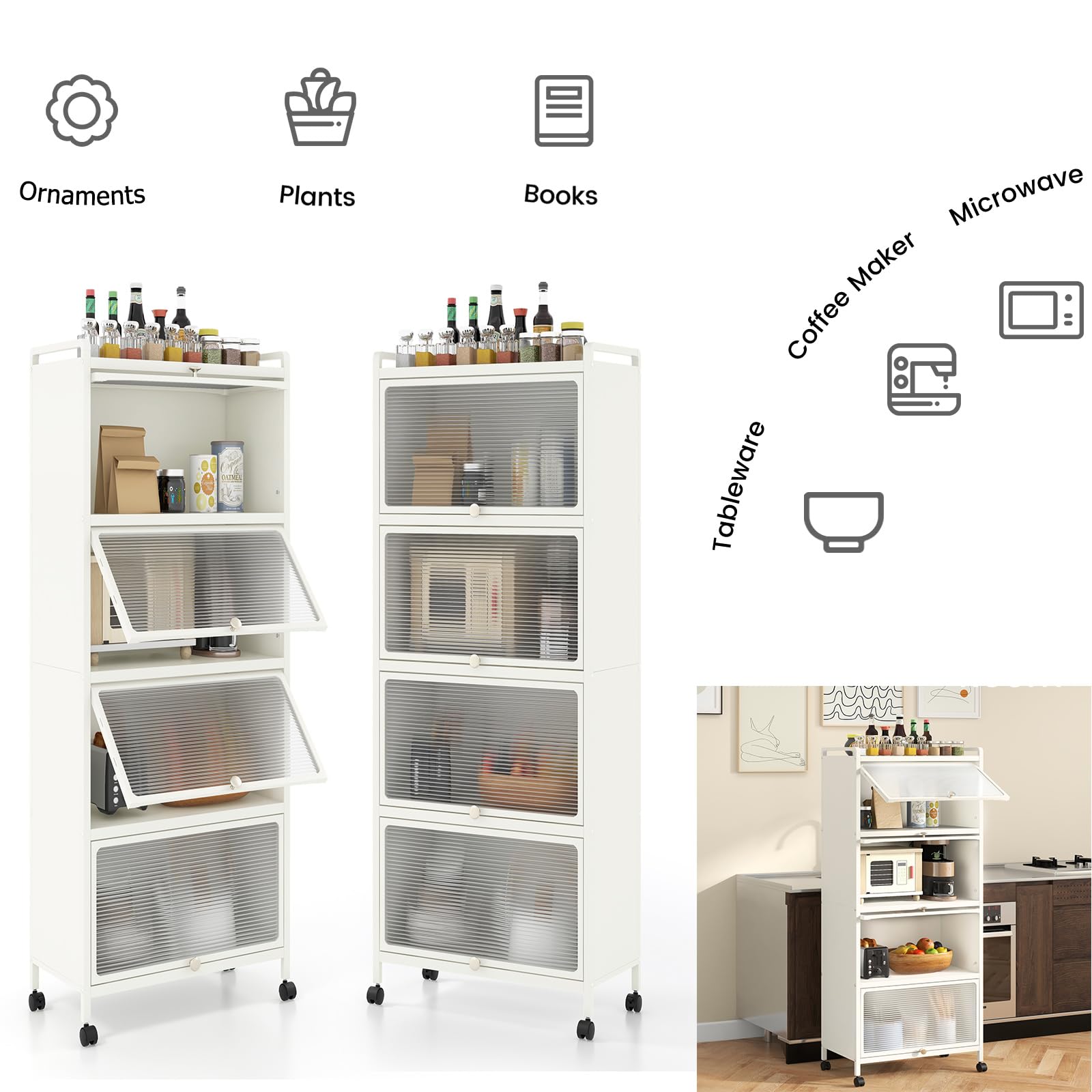KOMFOTTEU Armoire à Porte Mobile, 5 Niveaux, Fer, 60 x 32 x 154 cm, Blanc | Étagère de Cuisine, 4 roulettes, Meuble de Rangement, Kit Anti-basculement, Salon, Salle à Manger