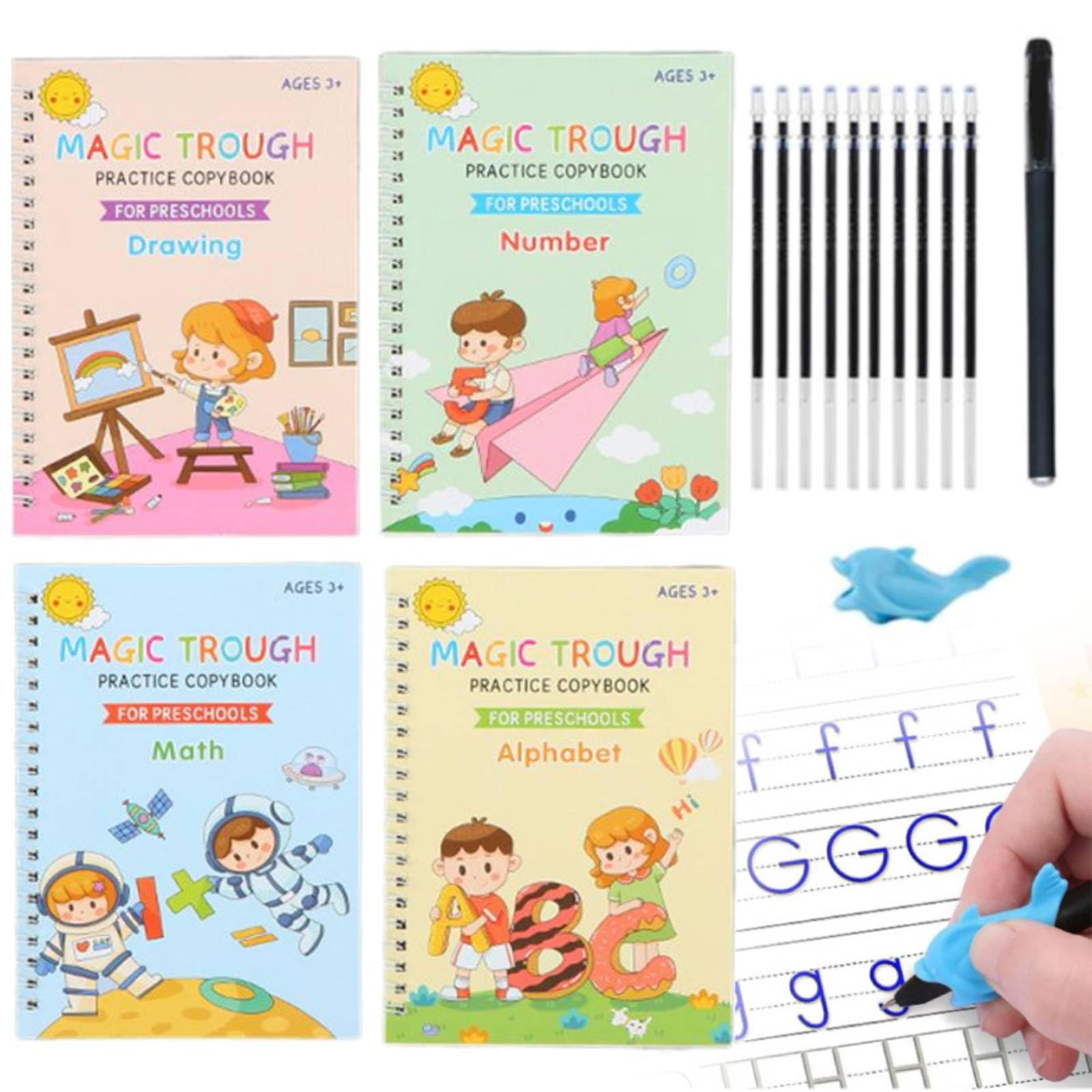 4Pcs Reusable Grooved Handwriting Practice Books, Large Magic Grooved Handwriting Practice, Number Letter Tracing Workbooks, Magic Practice Copybook with Disappearing Ink Pens Pencil Grips