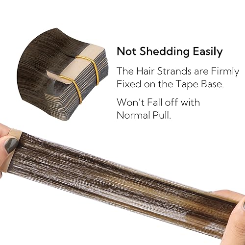 Miniatura 5 de HOTBANANA Extensiones de cabello con cinta, 16 pulgadas, 20 unidades, 1.71 onzas, color marrón oscuro, mezcladas con marrón medio, extensiones de