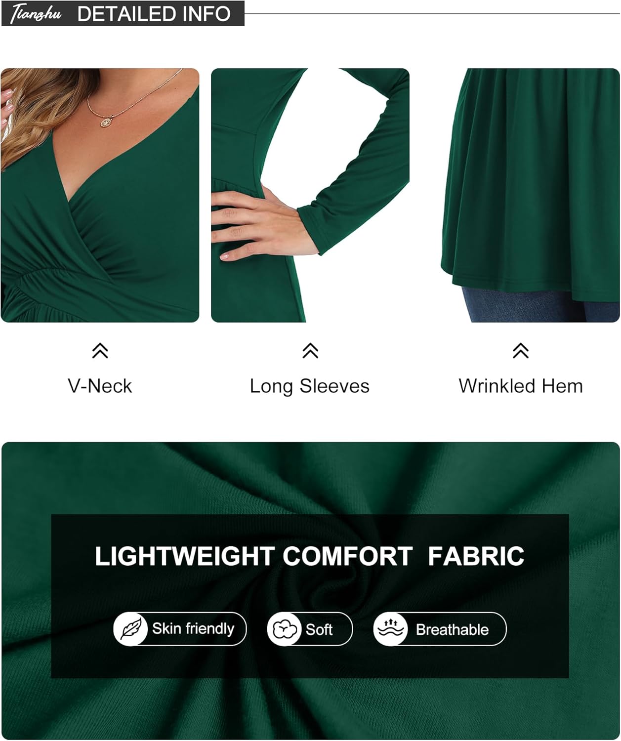 TIANZHU Women's Plus Size V Neck Long Sleeve Tunics Tops Lightweight Blouse Dressy Casual Top Ruched Trendy Clothes - Image 4