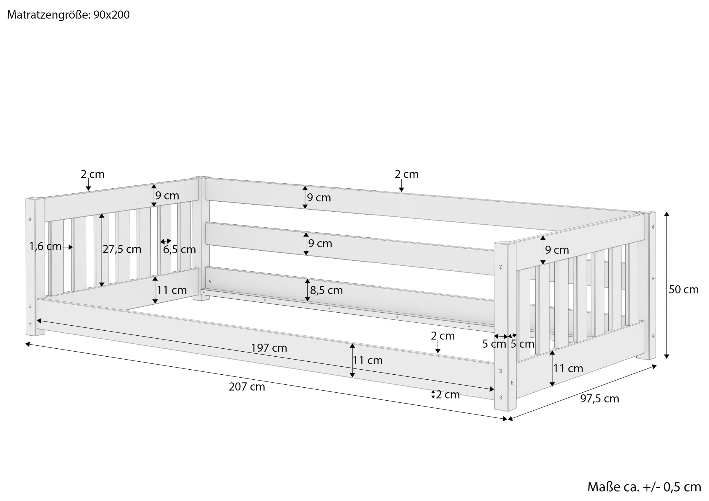 Erst-Holz®Niederflurbett für Kinder mit Sicherung 90 x 200 cm Kiefer massivRollrost inkl.