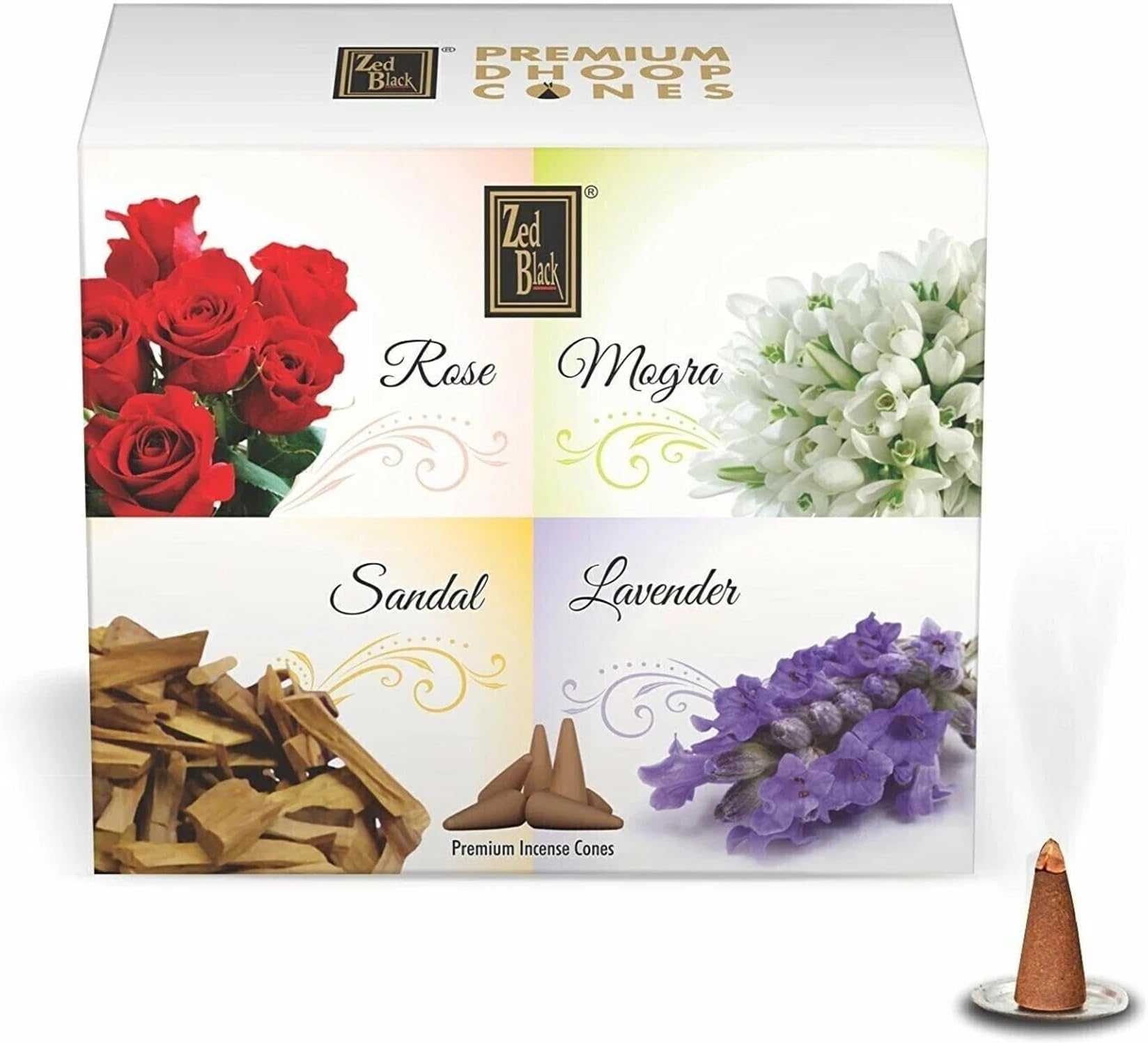 Zed Black Dhoop Cones Boxes (Rose, Mogra, Sandal and Lavender) - Pack of 12 (Total No. of Dhoop Cones - 240)